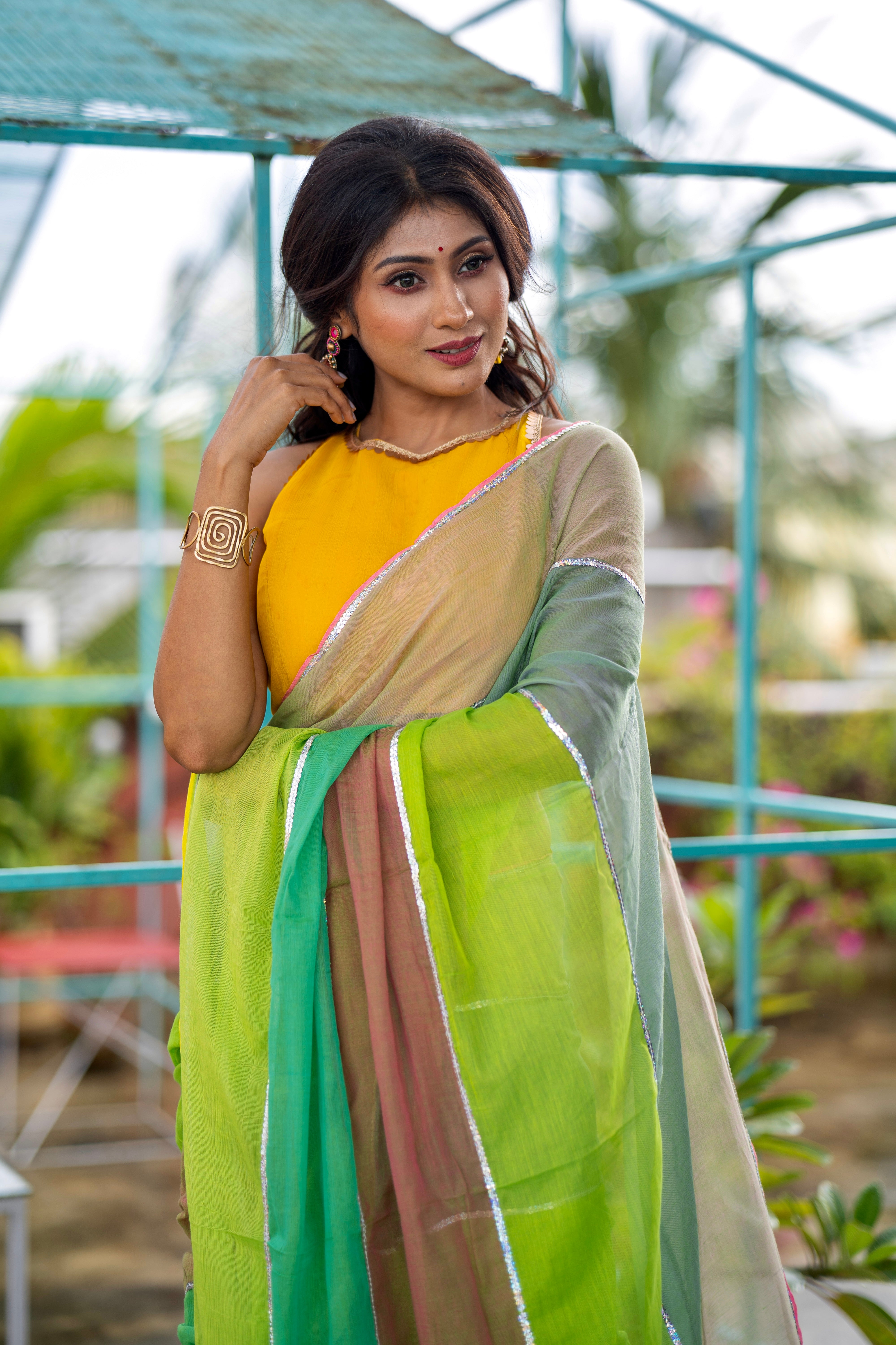 Light green Mul Mul Cotton Saree with Multi Rainbow Sequence Work
