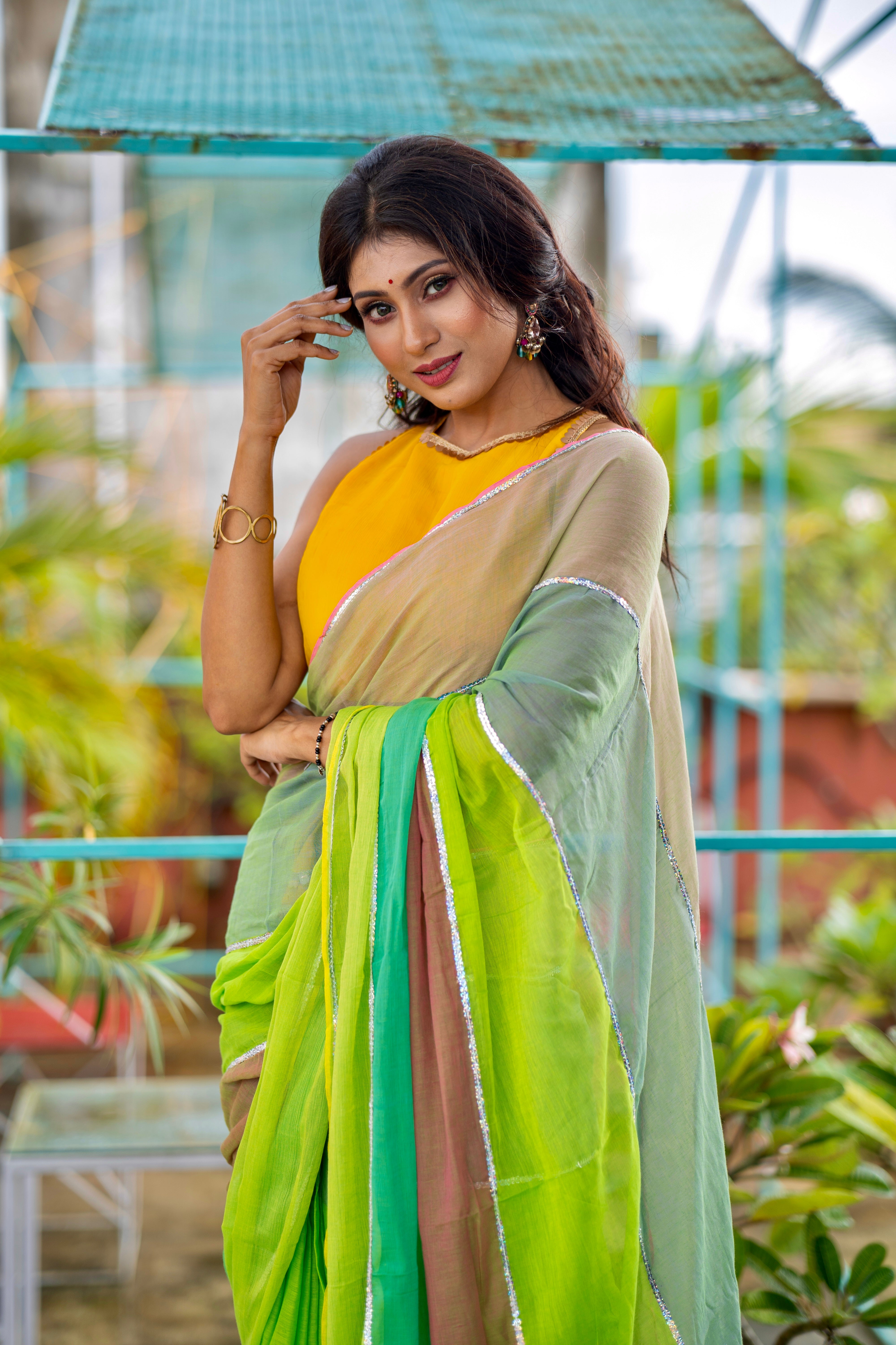 Light green Mul Mul Cotton Saree with Multi Rainbow Sequence Work