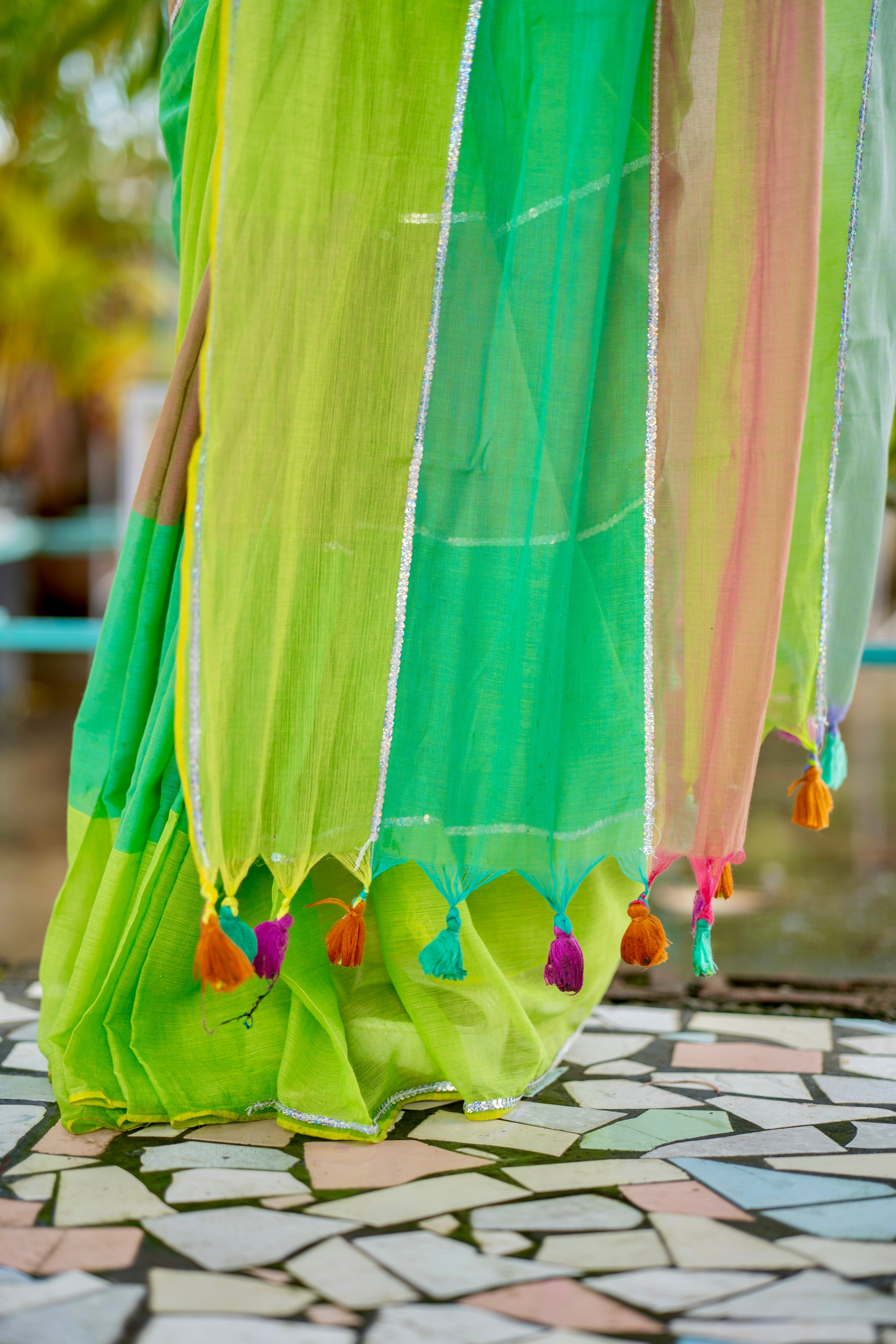 Light green Mul Mul Cotton Saree with Multi Rainbow Sequence Work