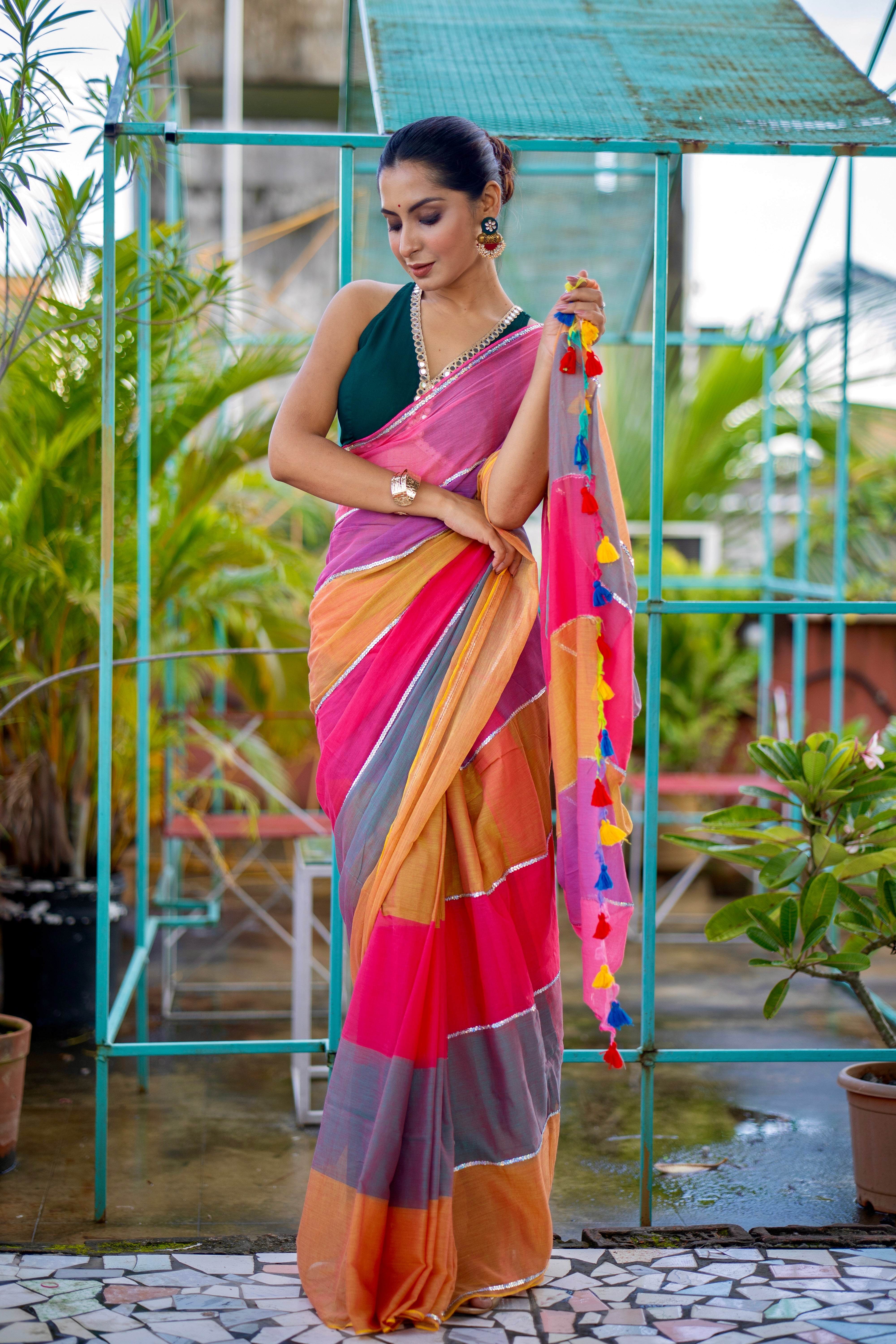 Blush pink Mul Mul Cotton Saree with Multi Rainbow Sequence Work