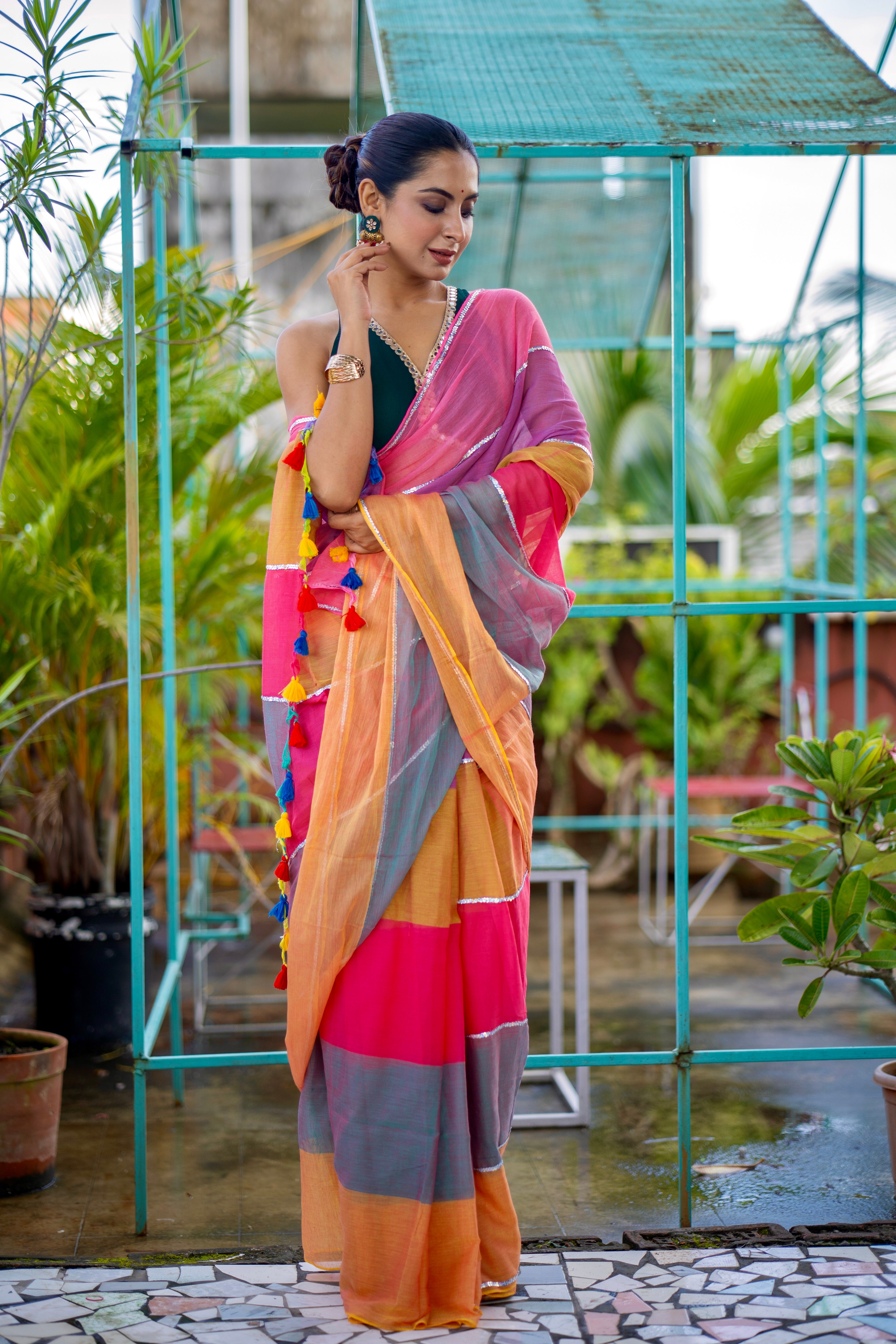 Blush pink Mul Mul Cotton Saree with Multi Rainbow Sequence Work