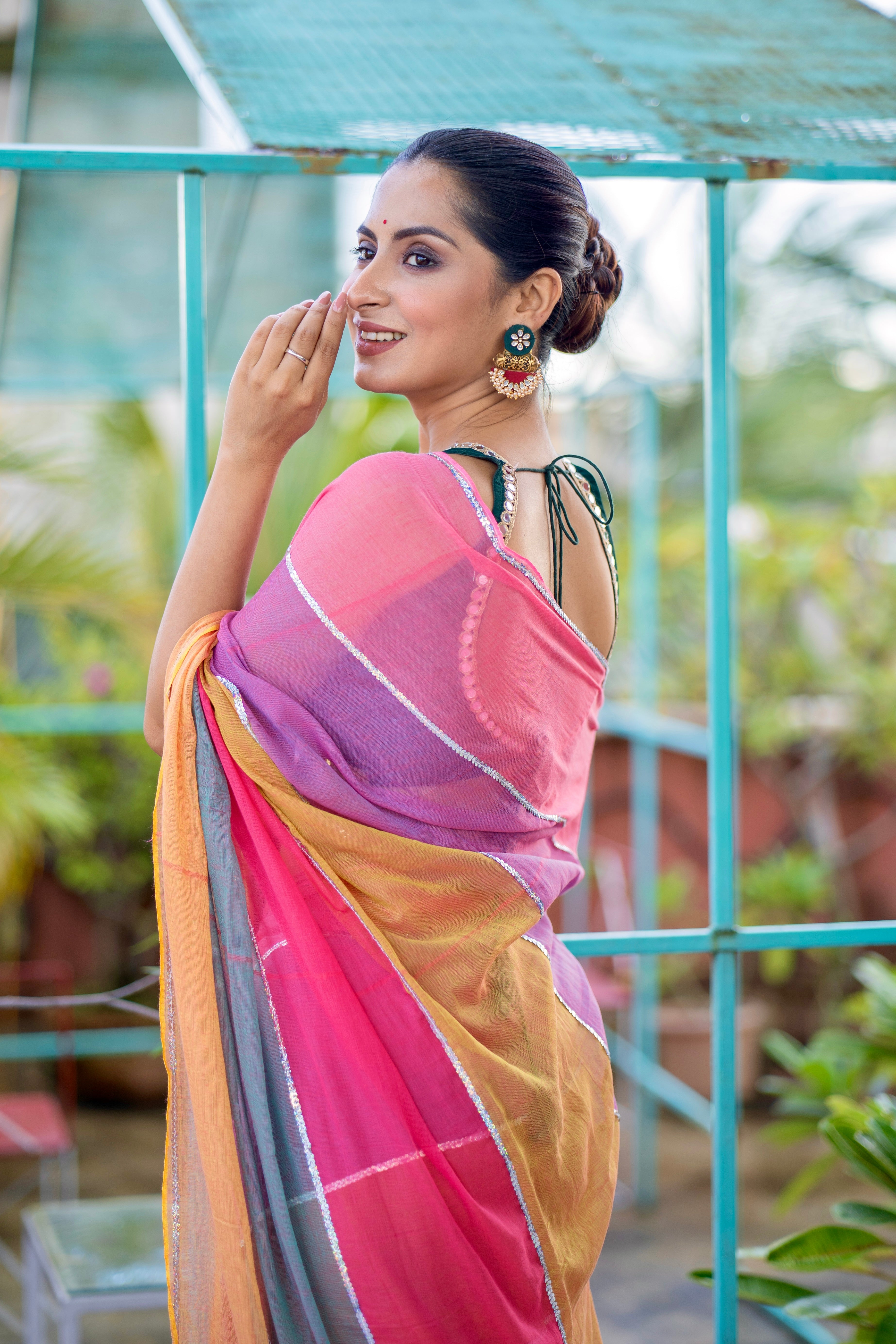 Blush pink Mul Mul Cotton Saree with Multi Rainbow Sequence Work