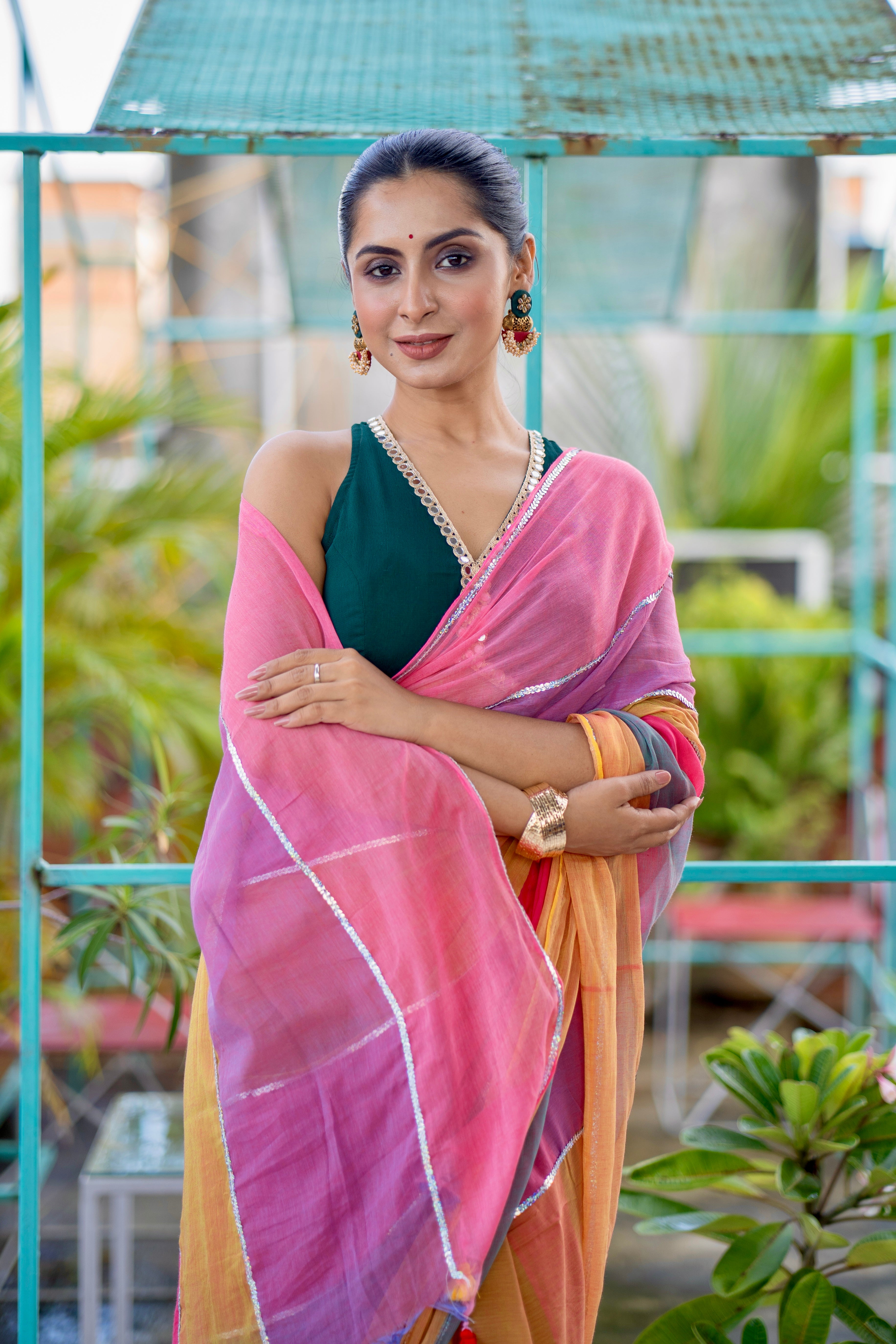 Blush pink Mul Mul Cotton Saree with Multi Rainbow Sequence Work