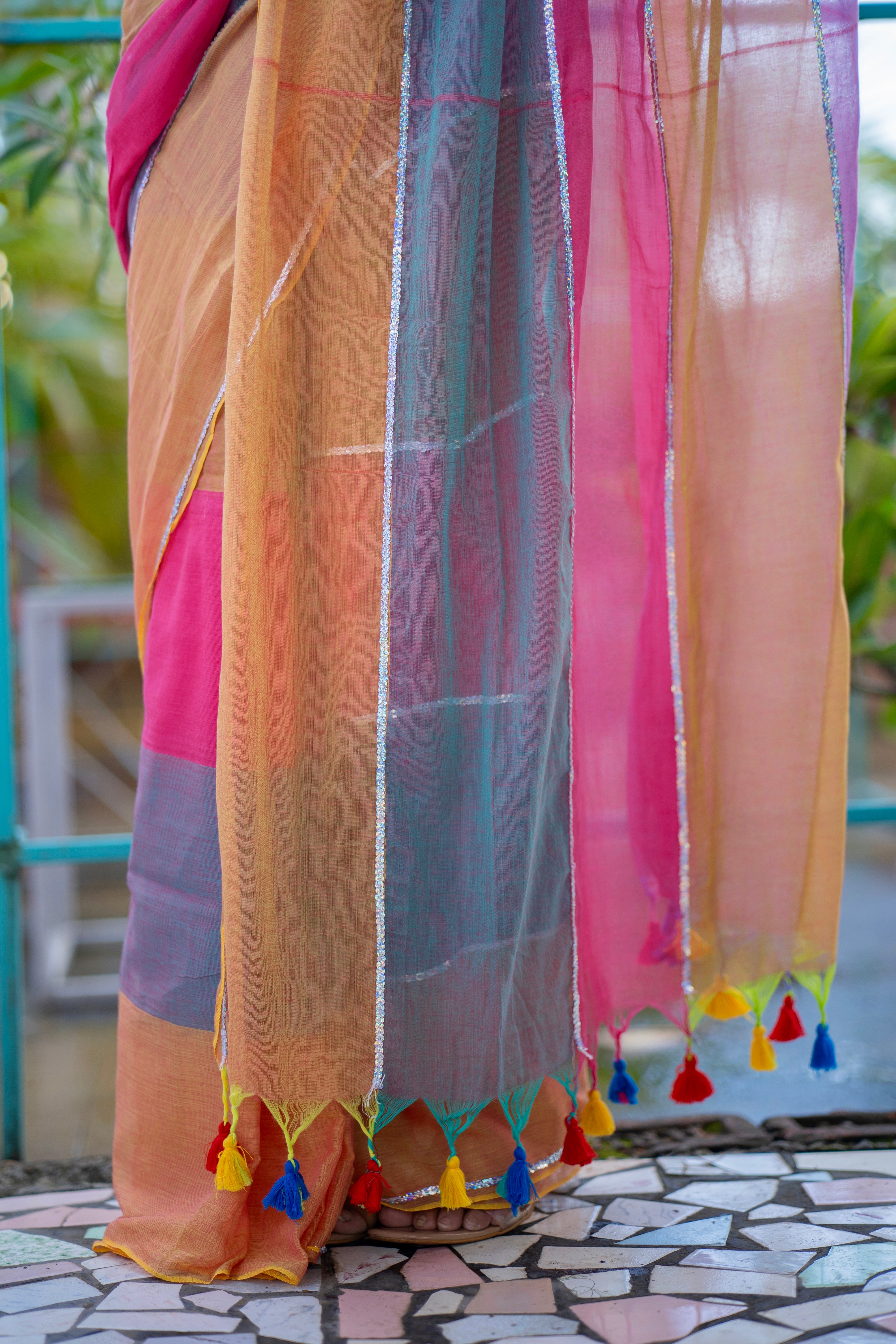Blush pink Mul Mul Cotton Saree with Multi Rainbow Sequence Work