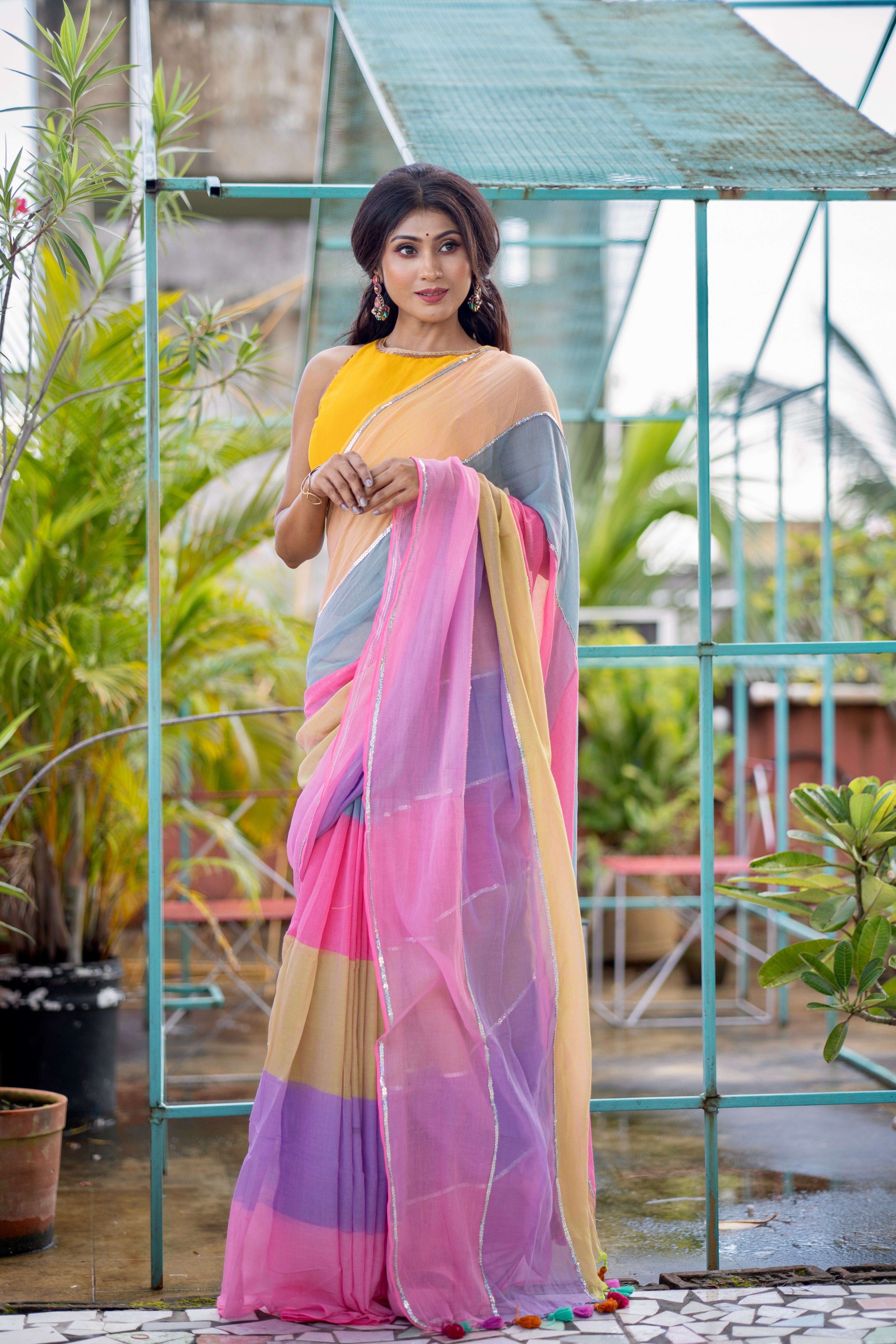Light pink Mul Mul Cotton Saree with Multi Rainbow Sequence Work
