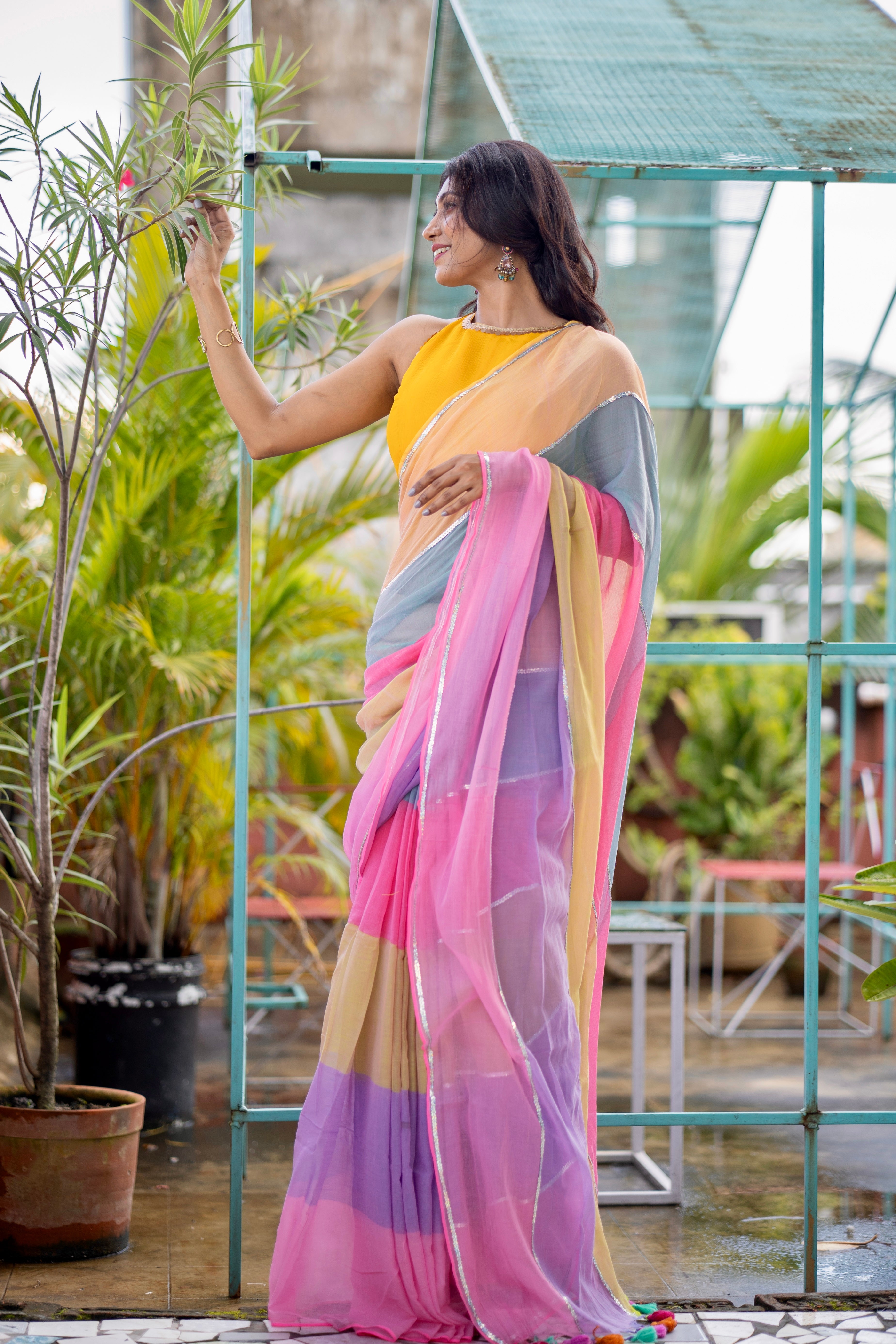 Light pink Mul Mul Cotton Saree with Multi Rainbow Sequence Work