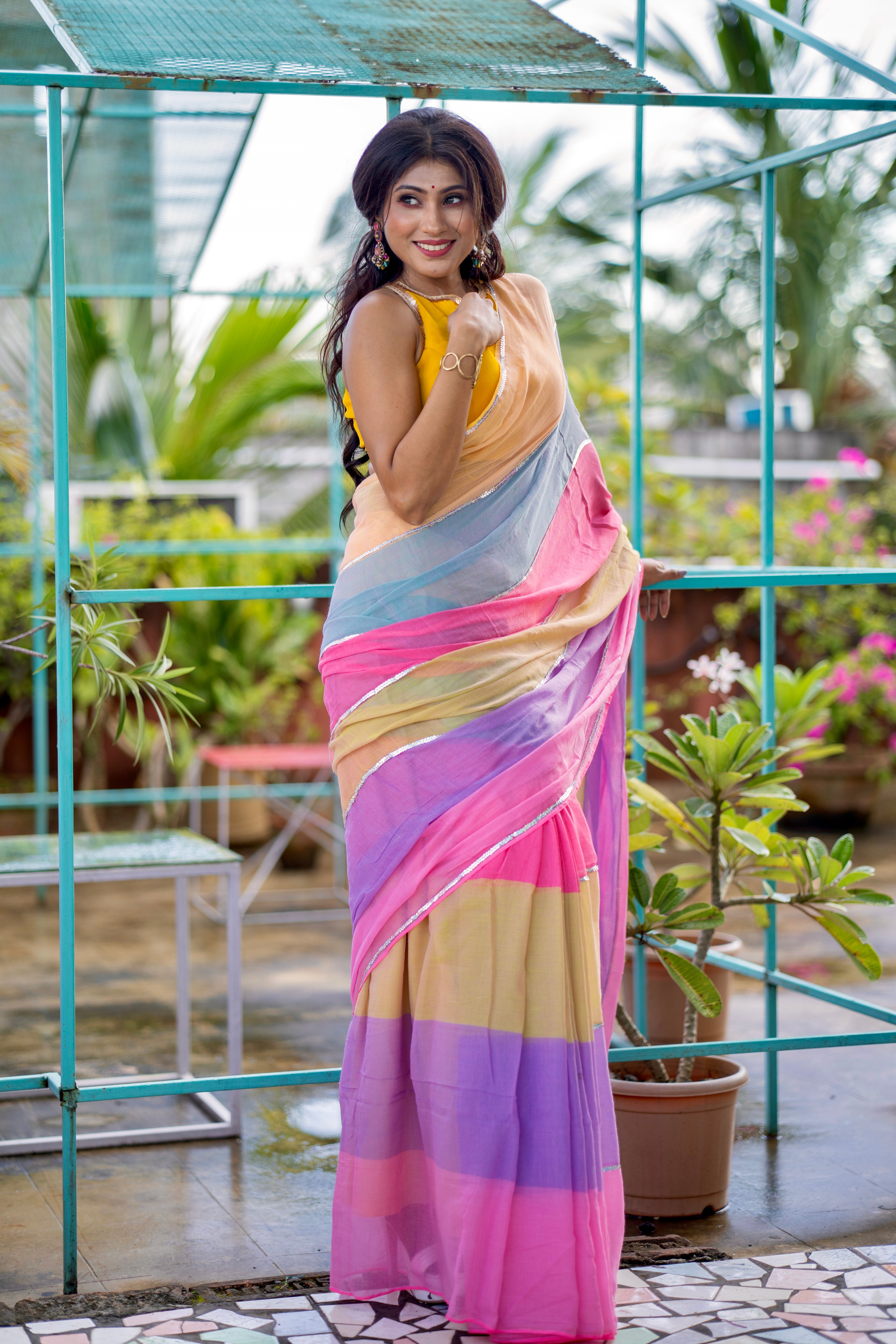 Light pink Mul Mul Cotton Saree with Multi Rainbow Sequence Work