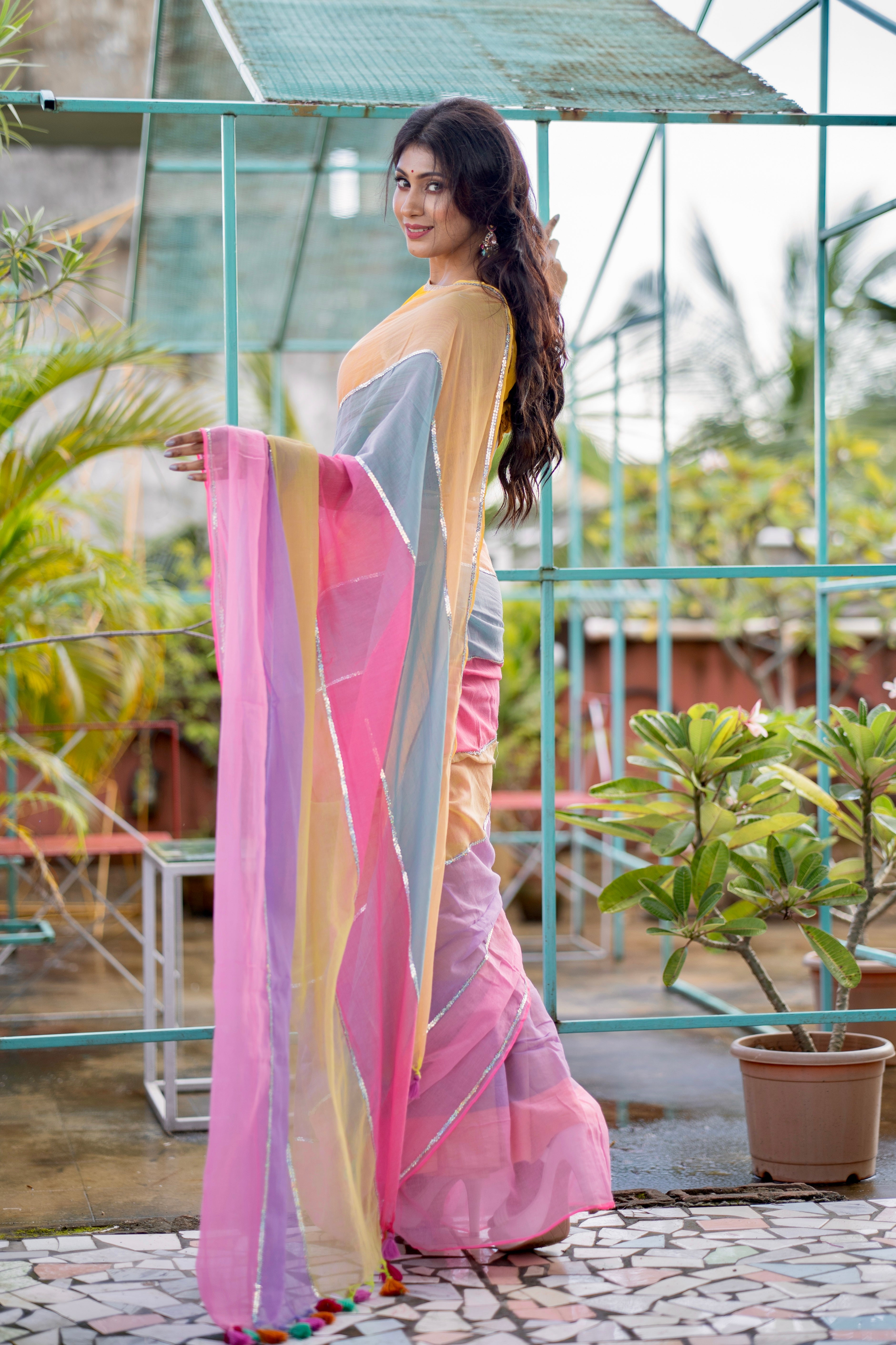Light pink Mul Mul Cotton Saree with Multi Rainbow Sequence Work