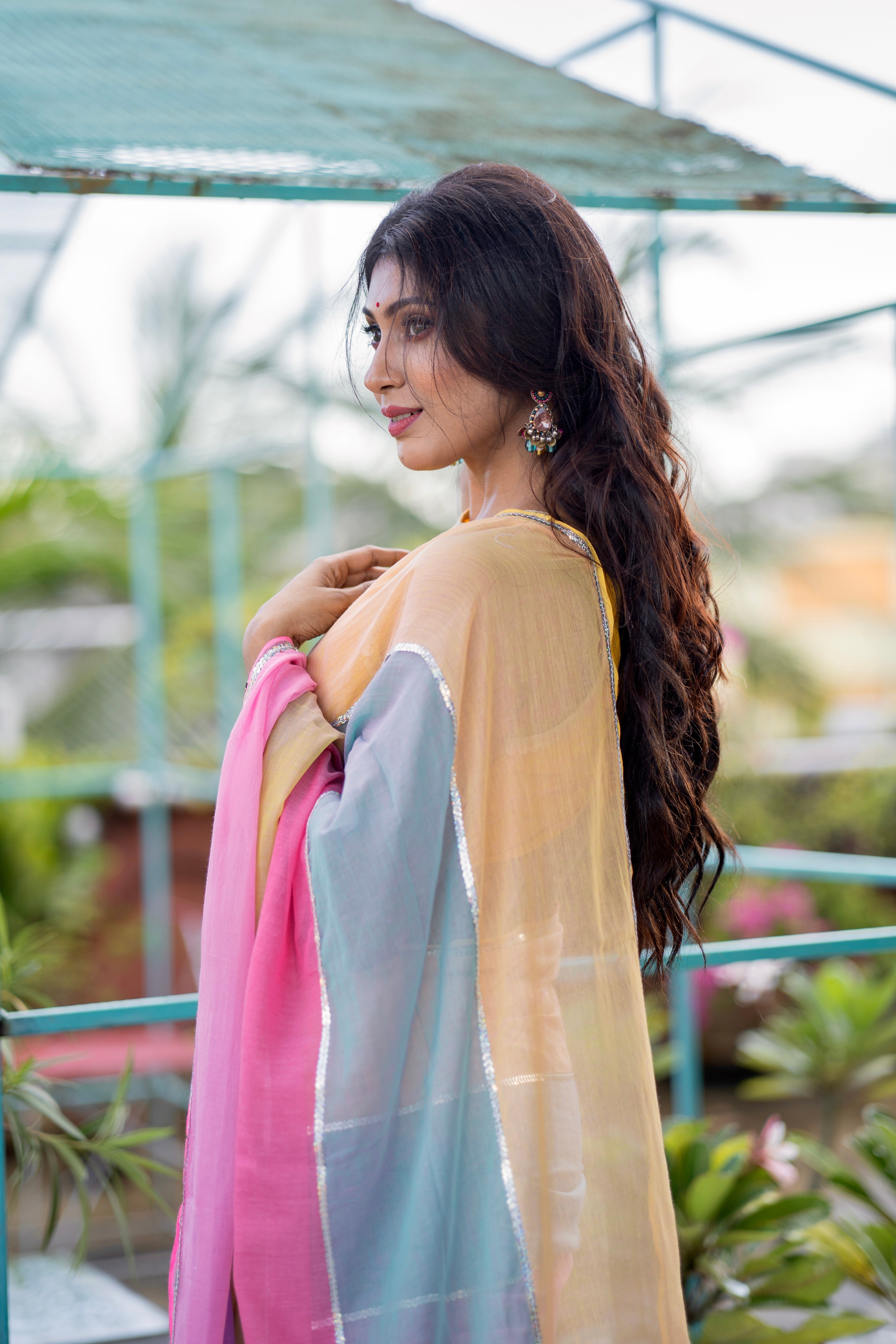 Light pink Mul Mul Cotton Saree with Multi Rainbow Sequence Work