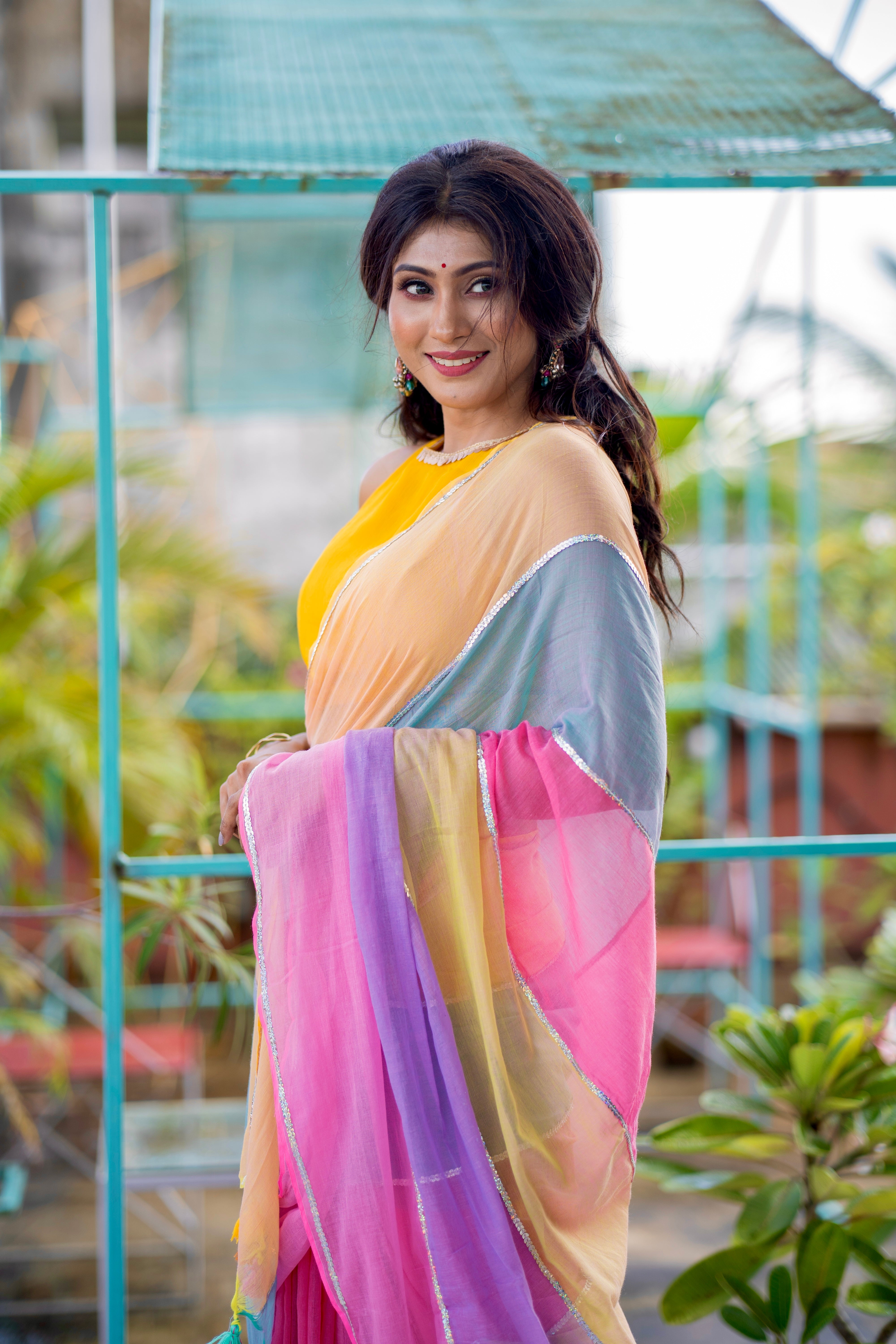 Light pink Mul Mul Cotton Saree with Multi Rainbow Sequence Work