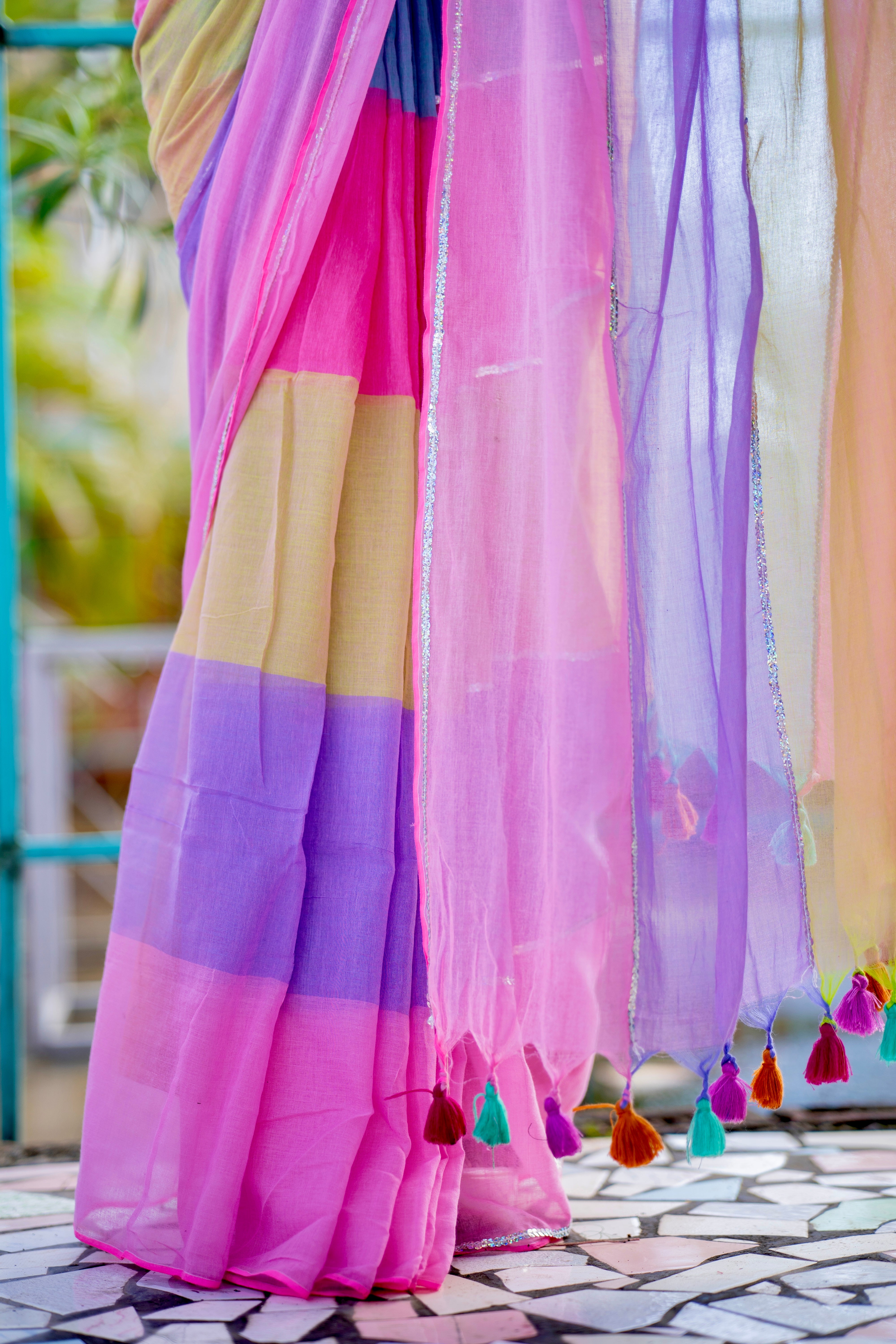 Light pink Mul Mul Cotton Saree with Multi Rainbow Sequence Work