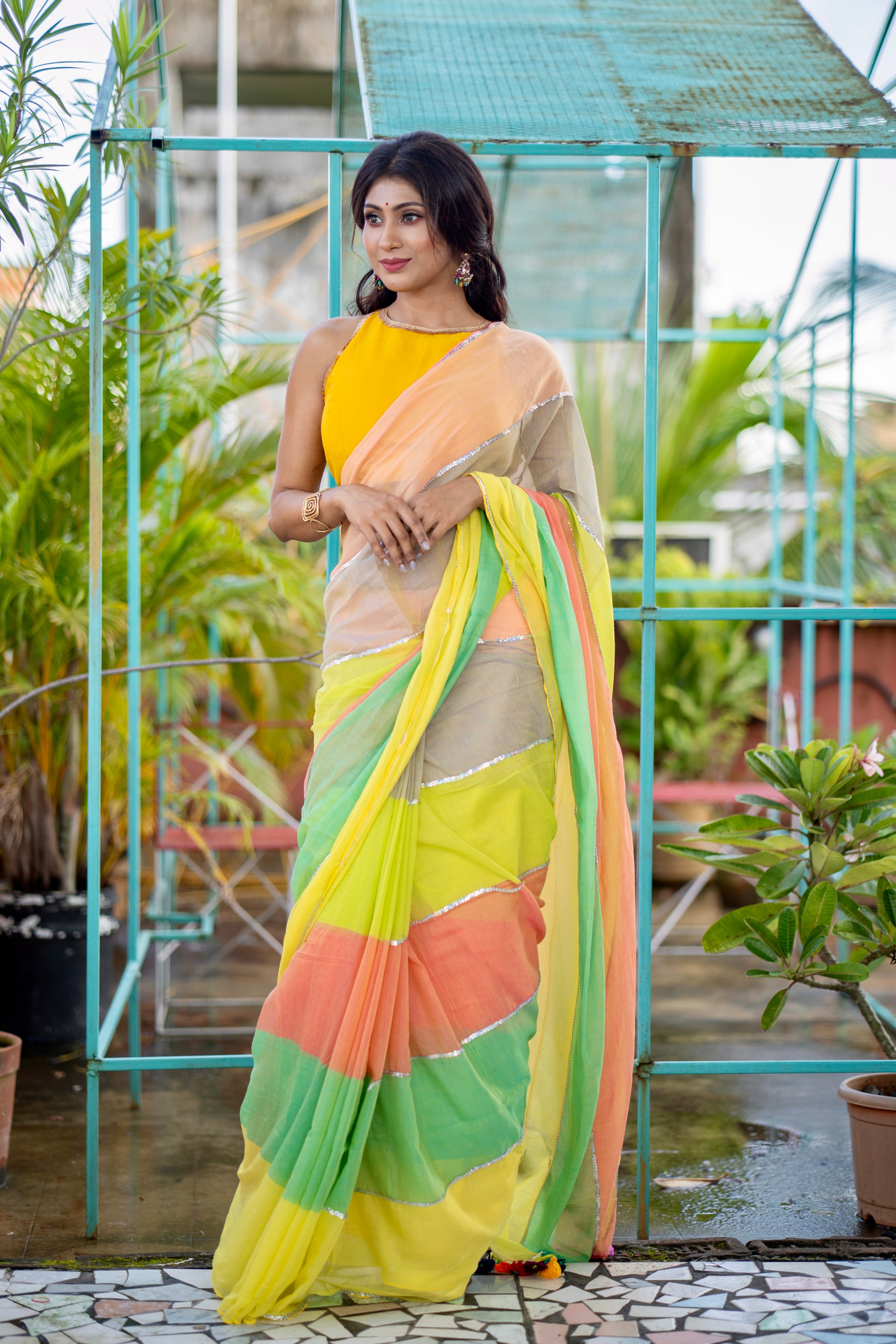 Light yellow Mul Mul Cotton Saree with Multi Rainbow Sequence Work