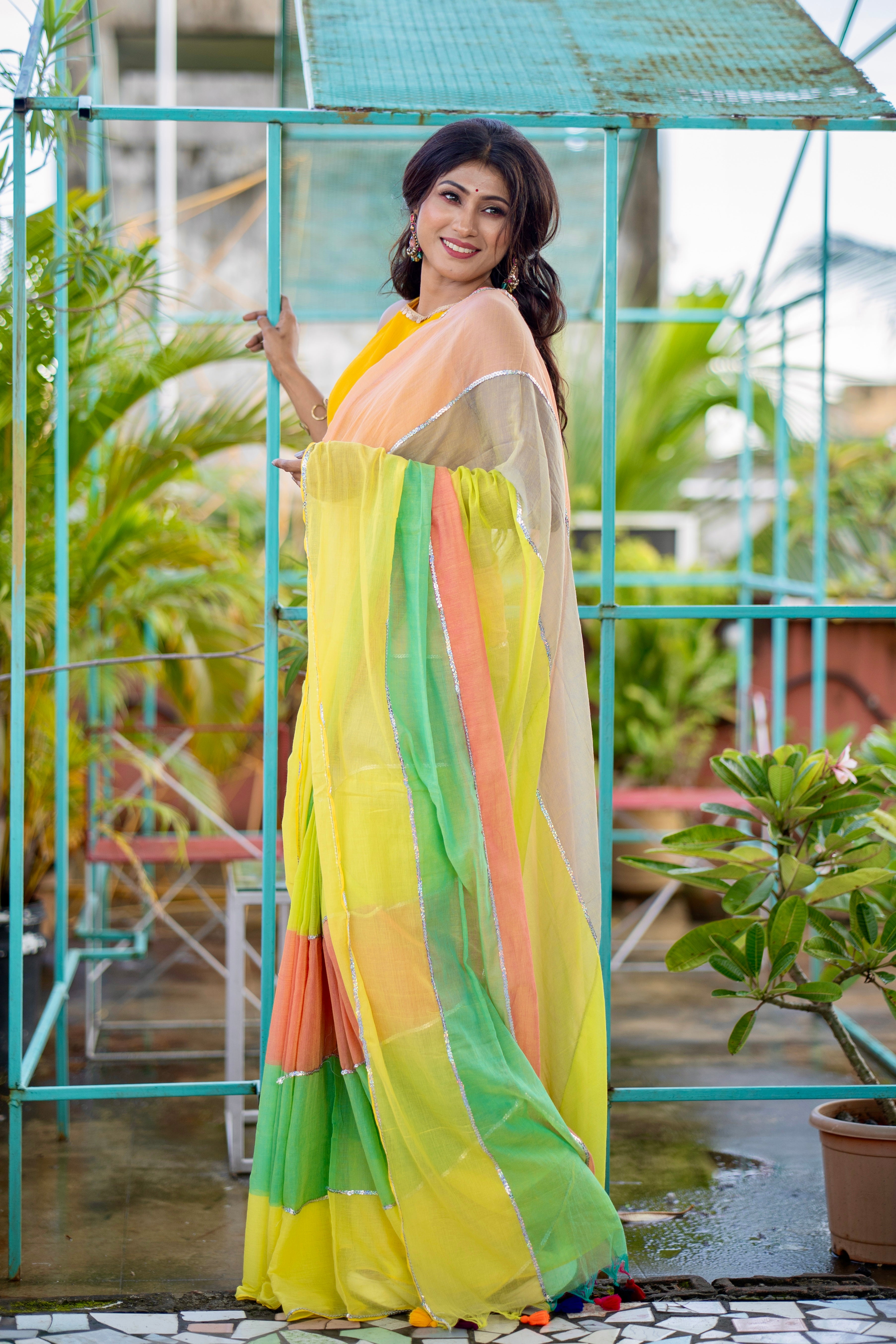 Light yellow Mul Mul Cotton Saree with Multi Rainbow Sequence Work