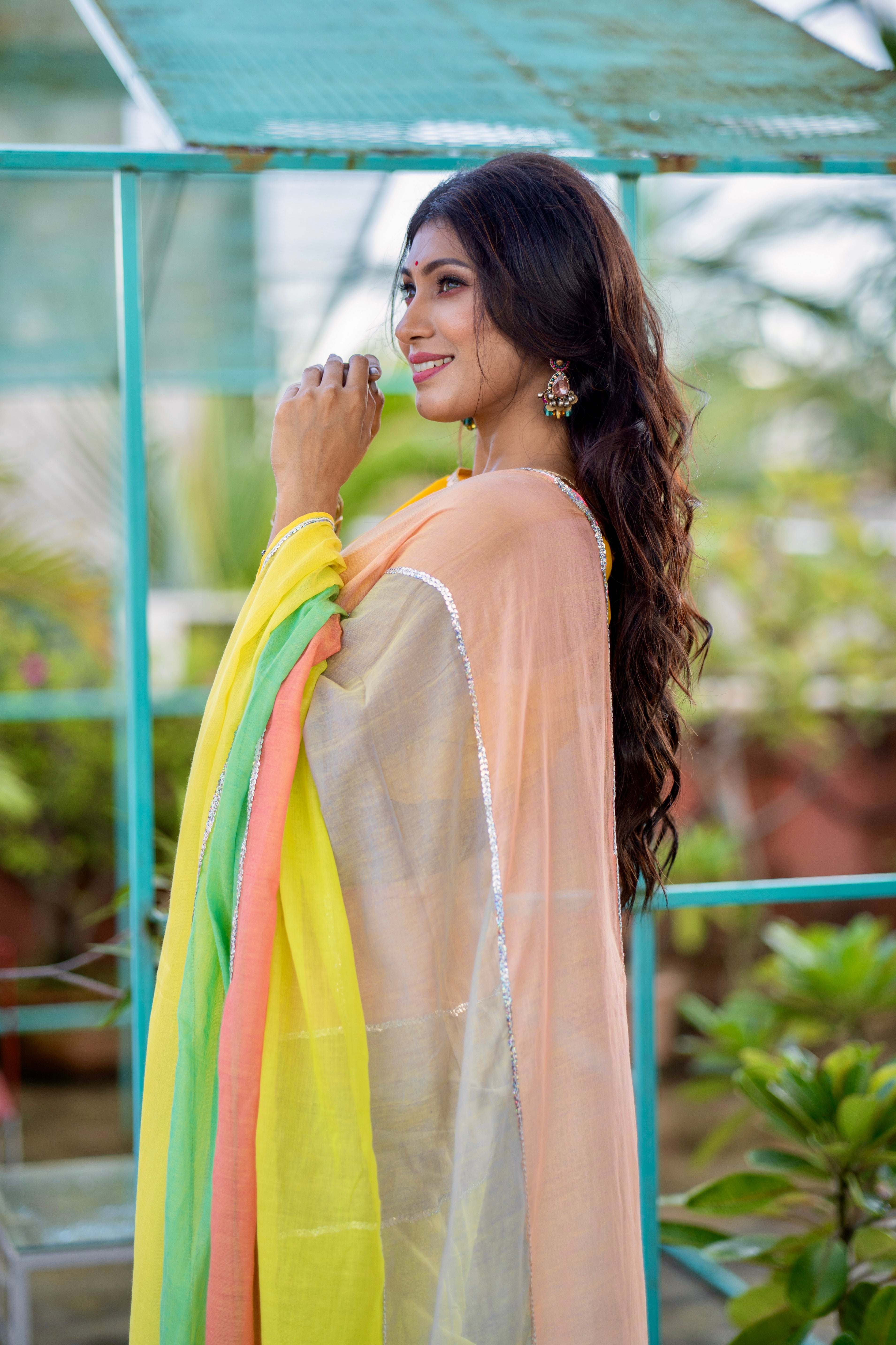 Light yellow Mul Mul Cotton Saree with Multi Rainbow Sequence Work