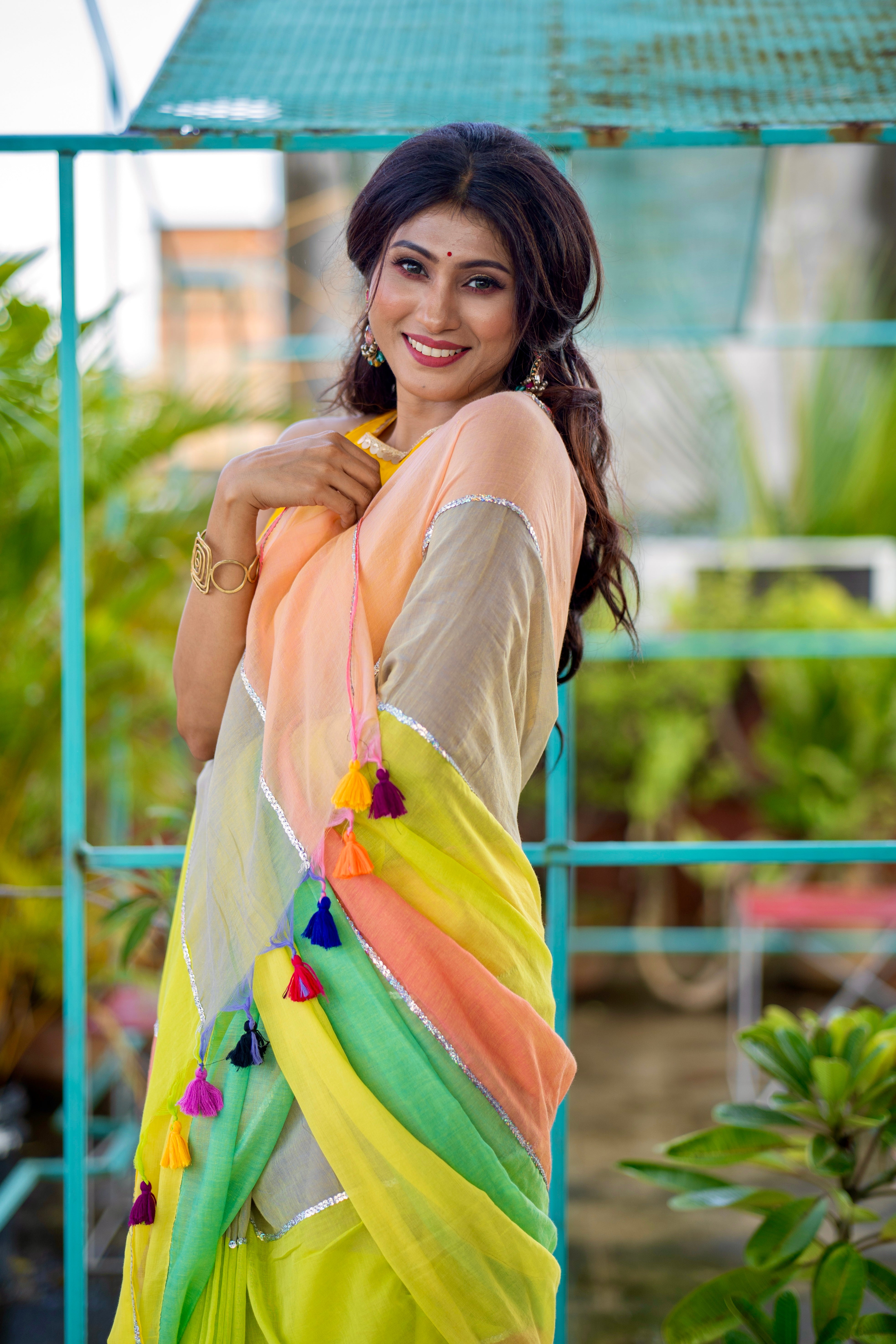 Light yellow Mul Mul Cotton Saree with Multi Rainbow Sequence Work