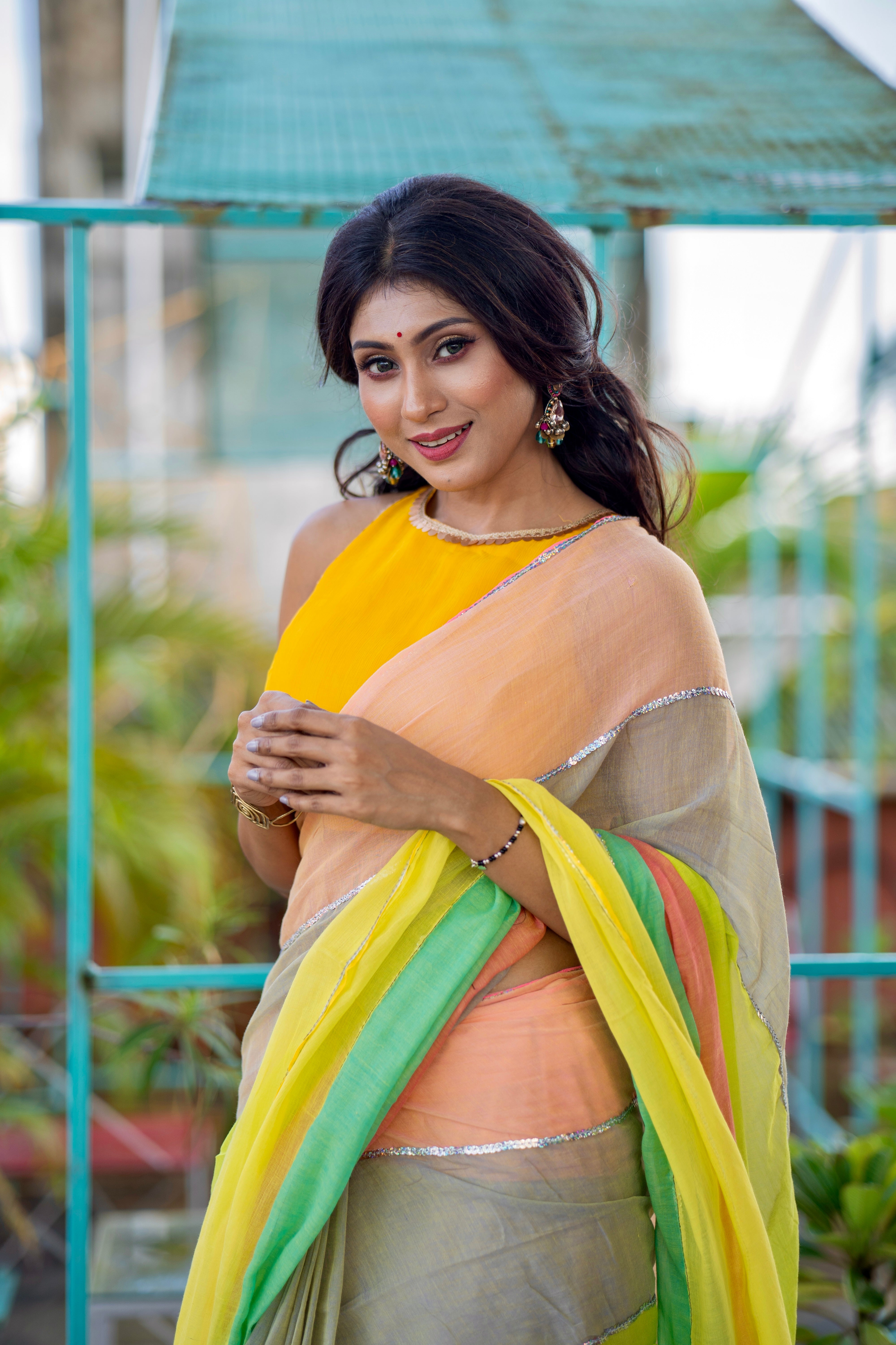 Light yellow Mul Mul Cotton Saree with Multi Rainbow Sequence Work