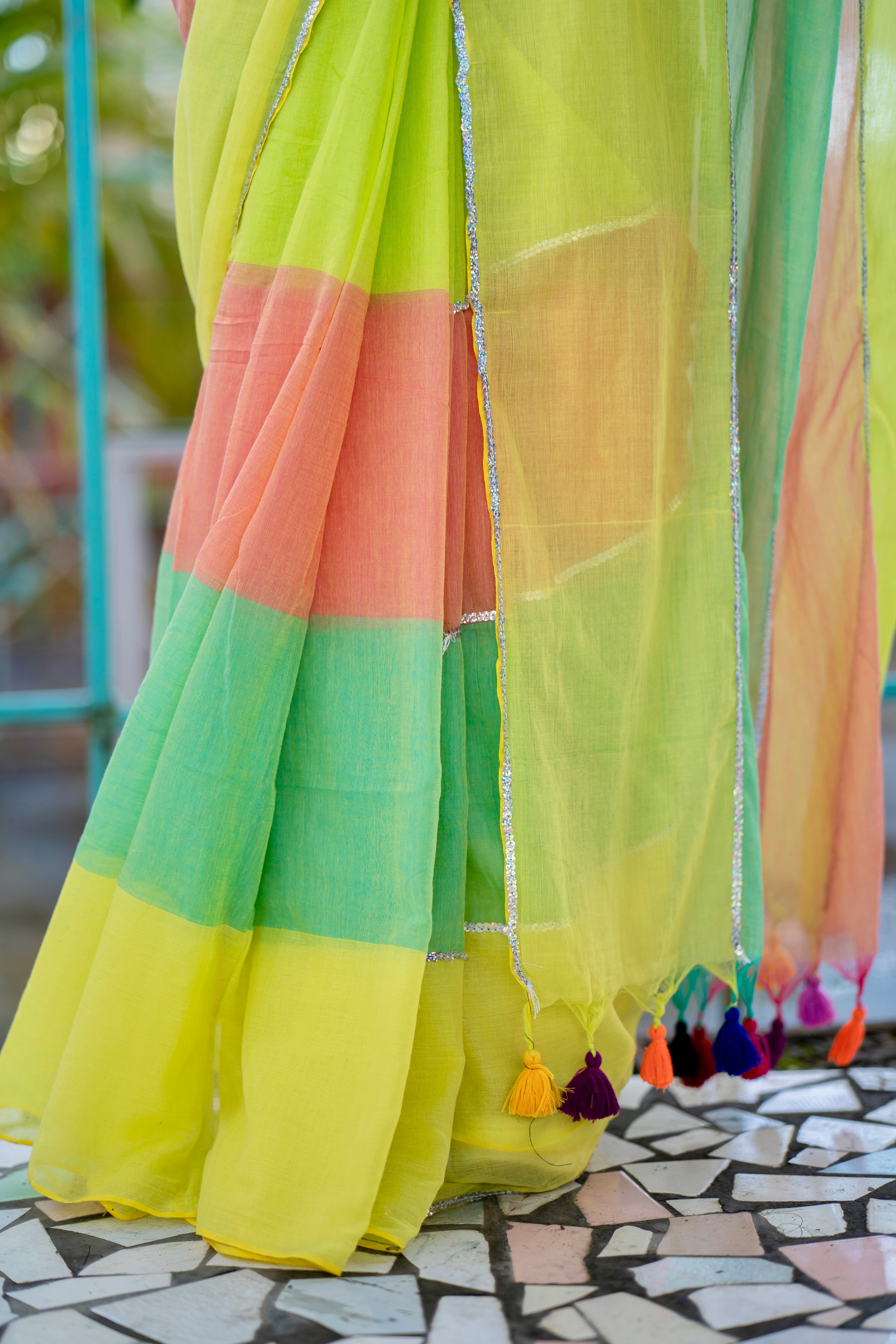 Light yellow Mul Mul Cotton Saree with Multi Rainbow Sequence Work