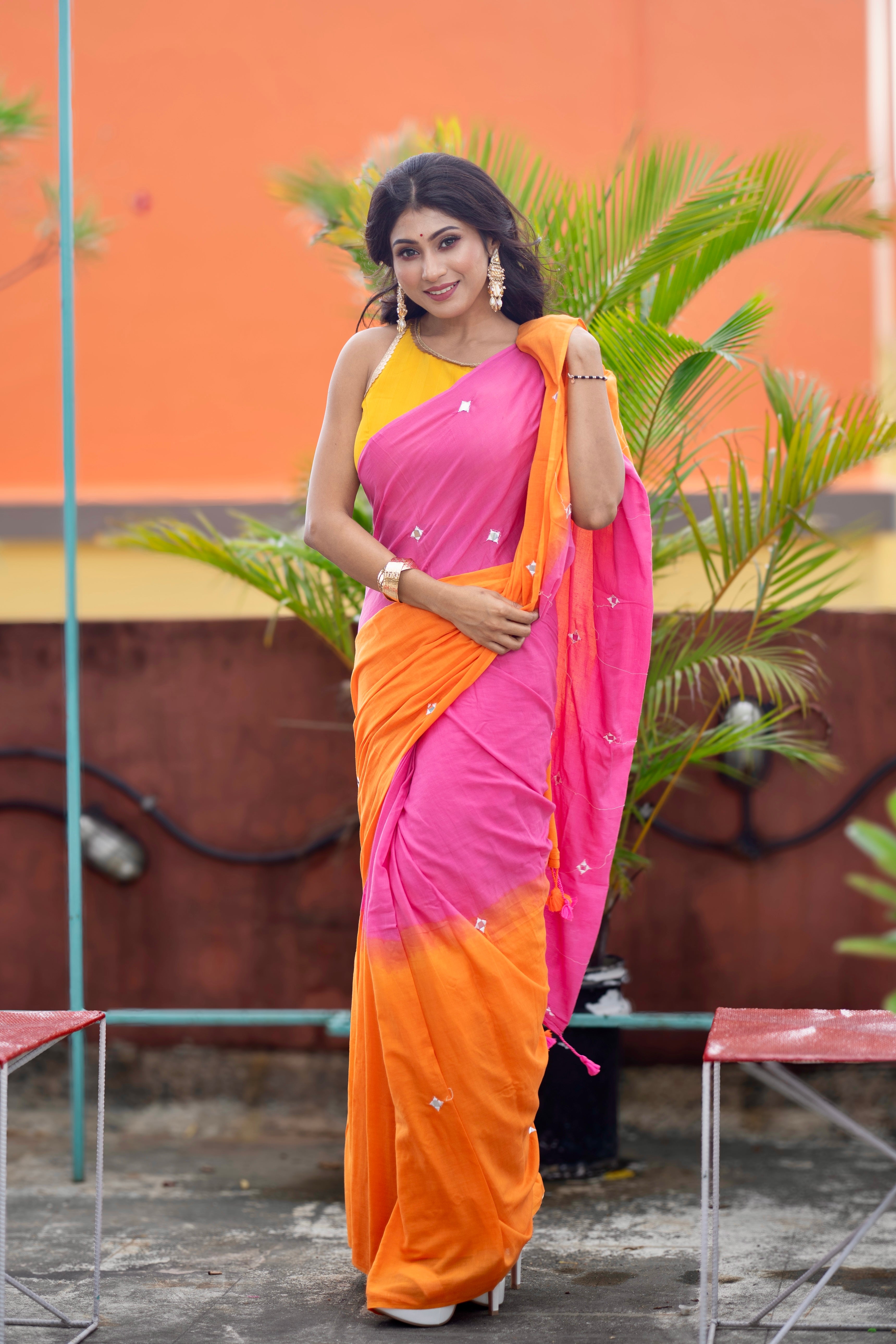 Multicolor pure Mul Mul cotton sarees with mirror work saree