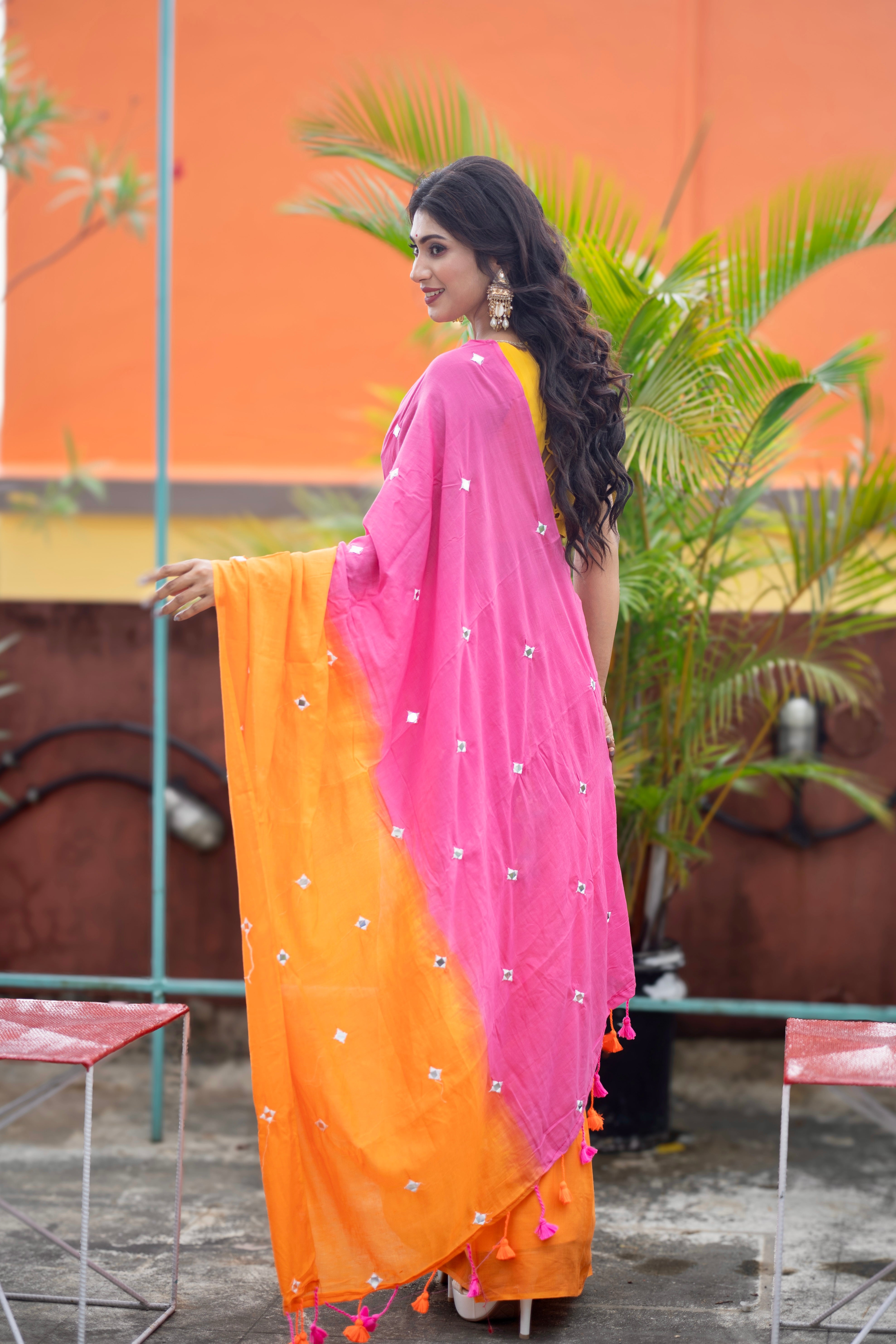 Multicolor pure Mul Mul cotton sarees with mirror work saree