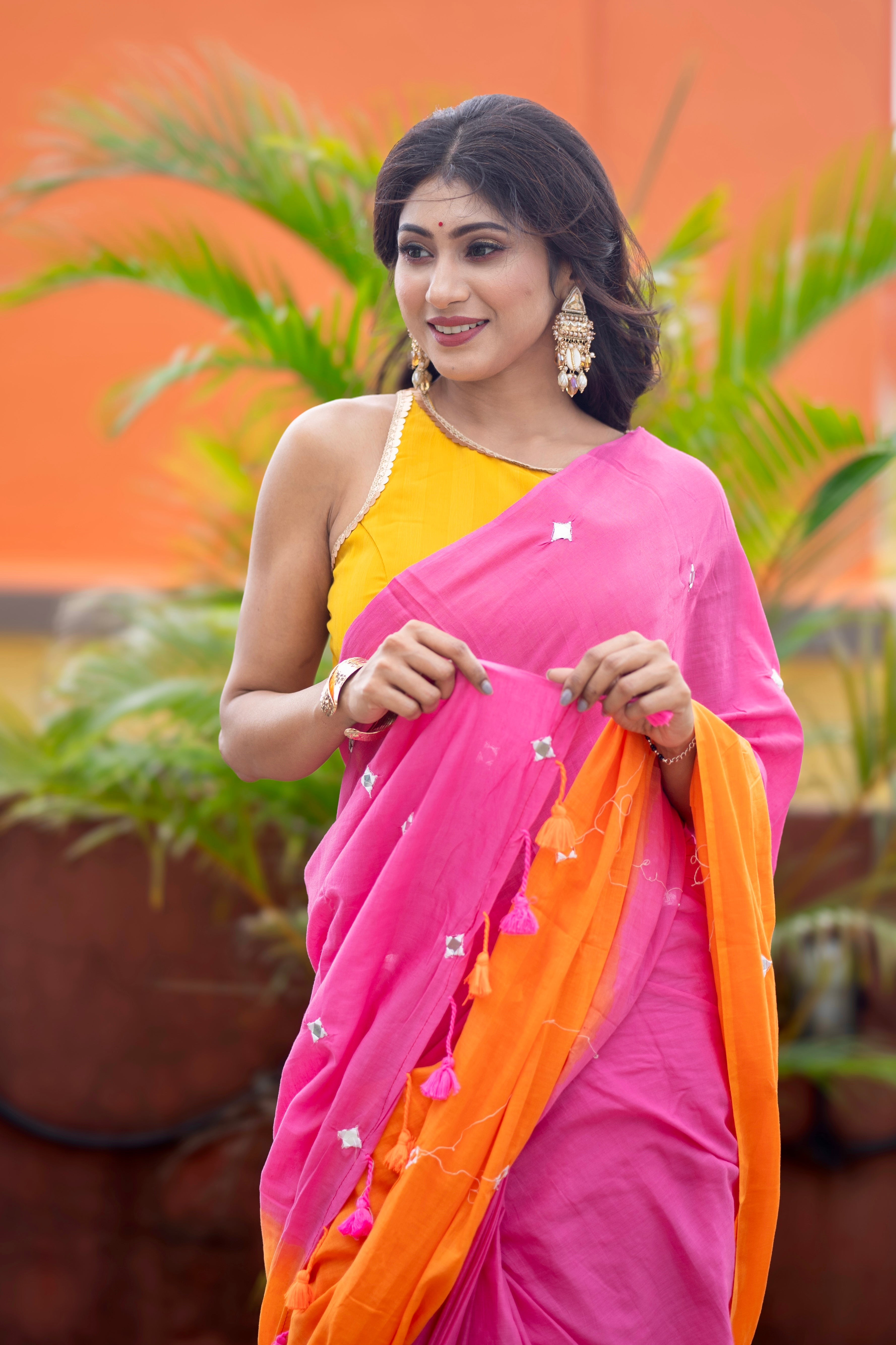 Multicolor pure Mul Mul cotton sarees with mirror work saree