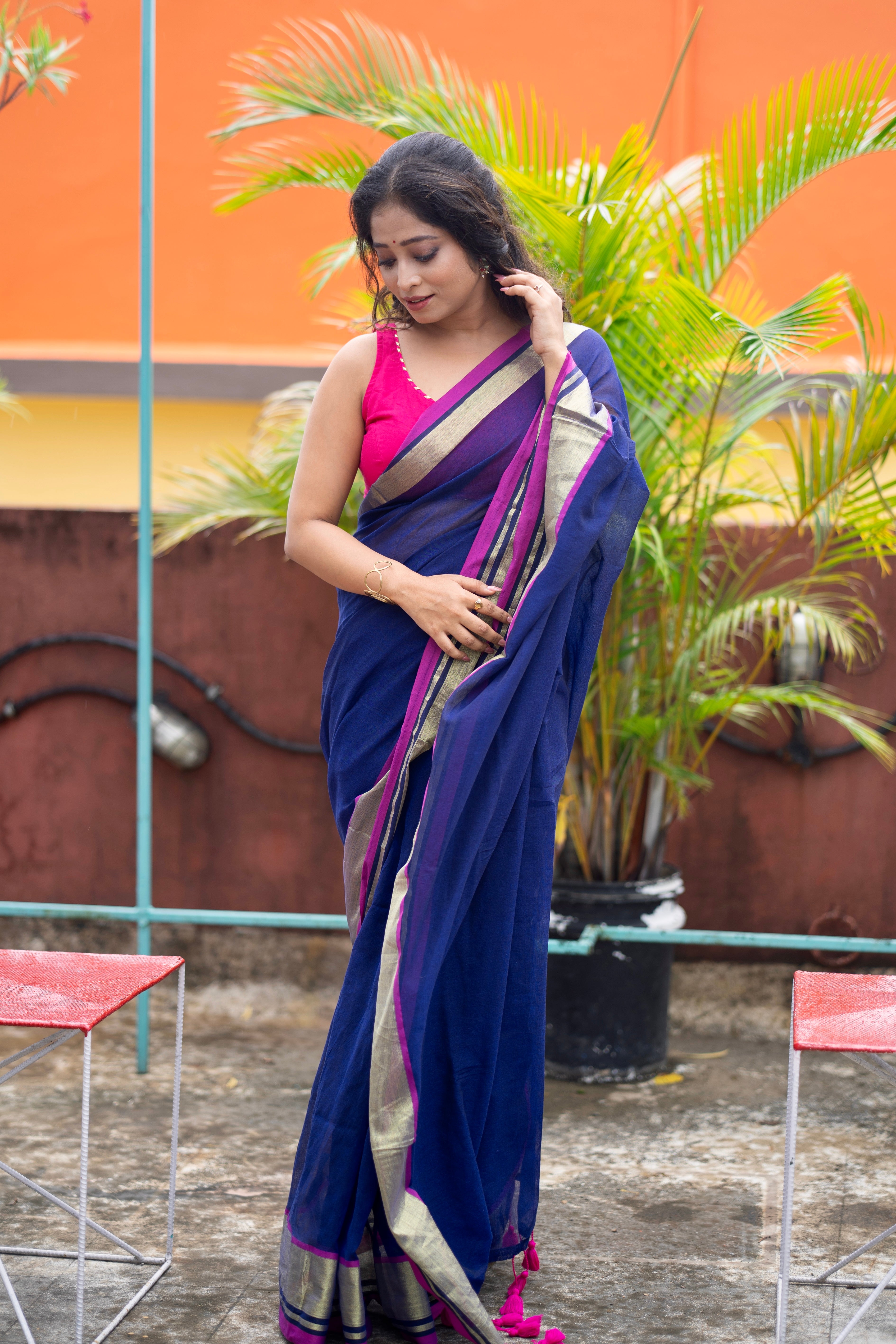 Royal blue Mulmul Cotton Saree With Contrast Blouse