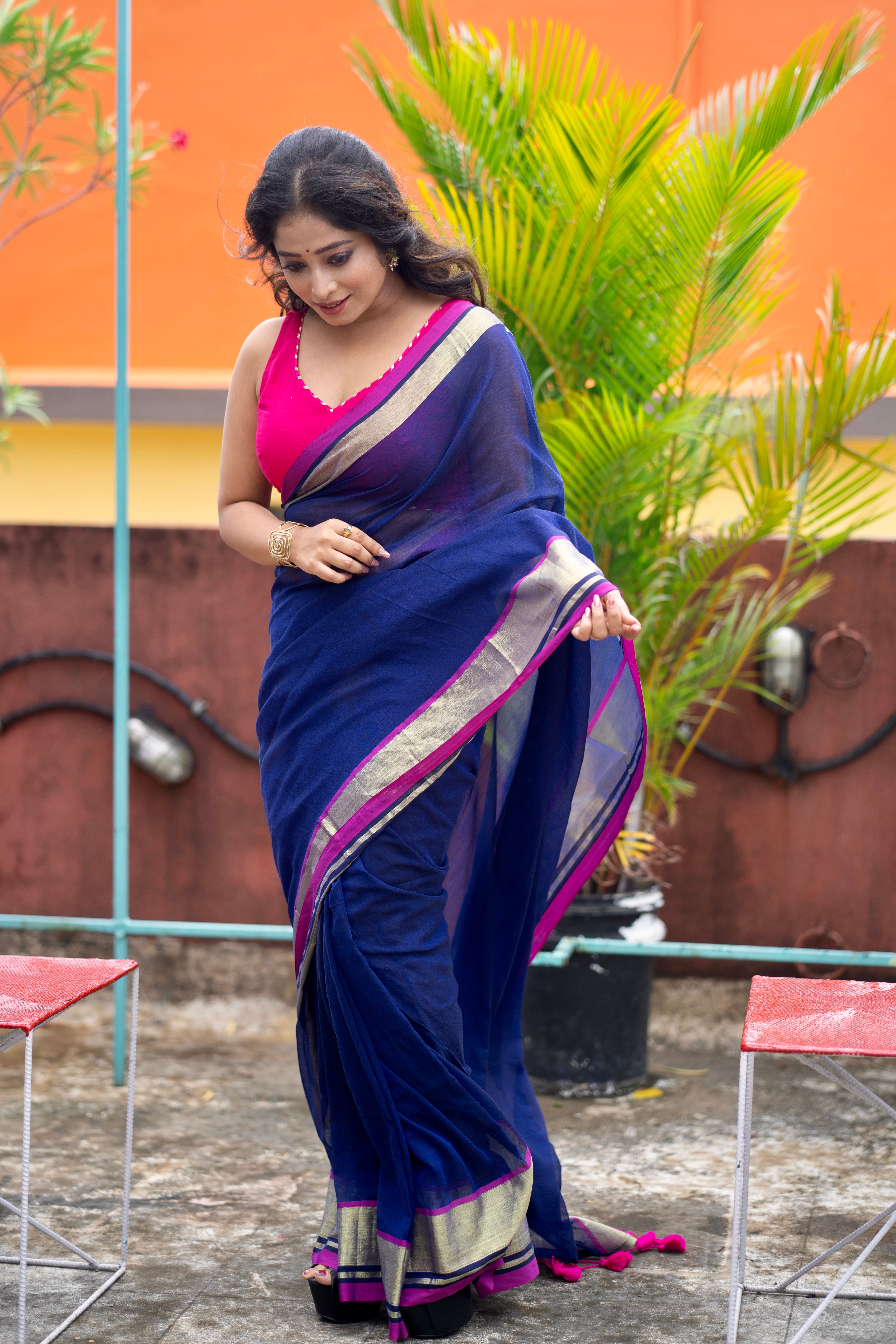 Royal blue Mulmul Cotton Saree With Contrast Blouse