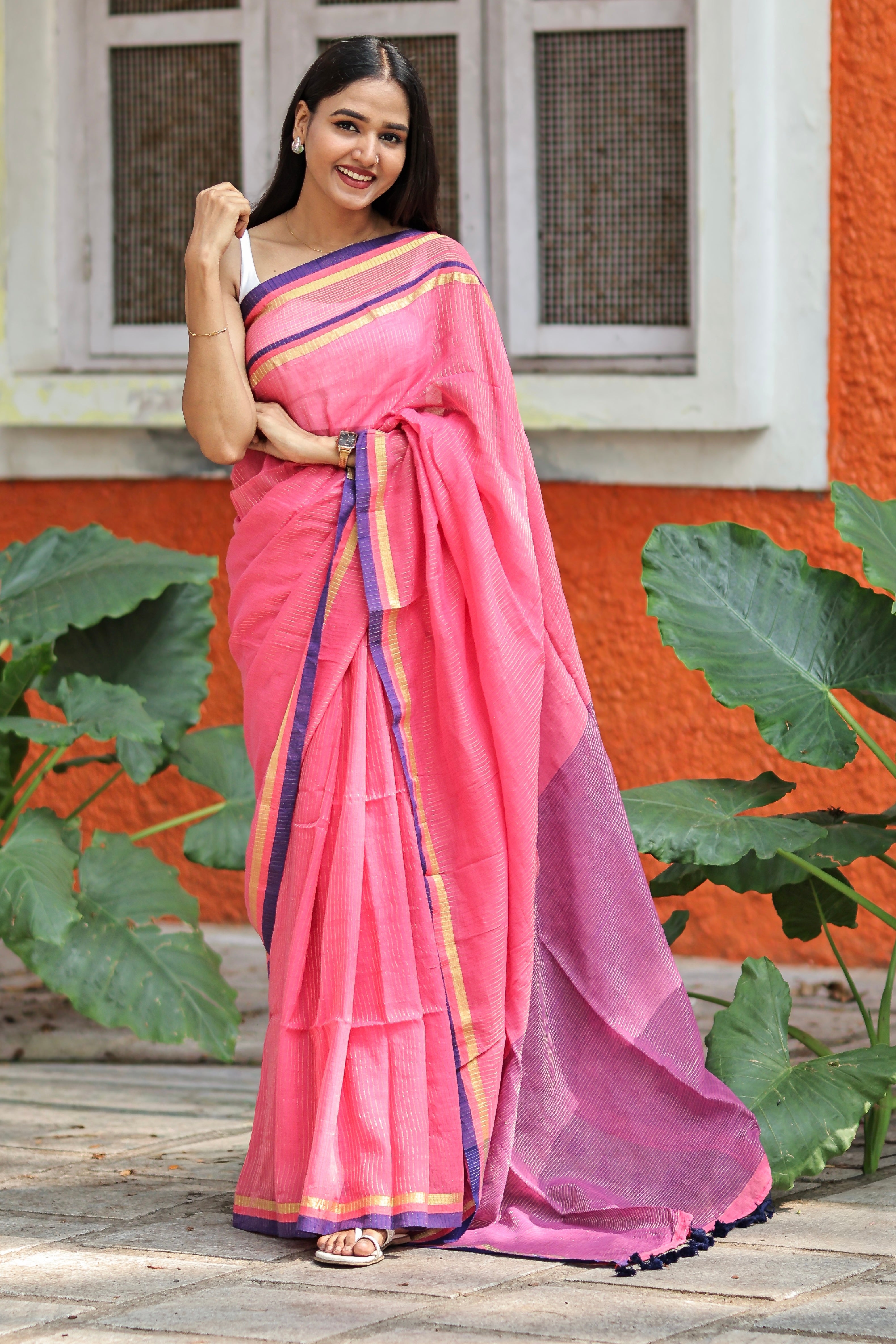 Kesariya Golden Check Mulmul Cotton Saree- Rose Pink