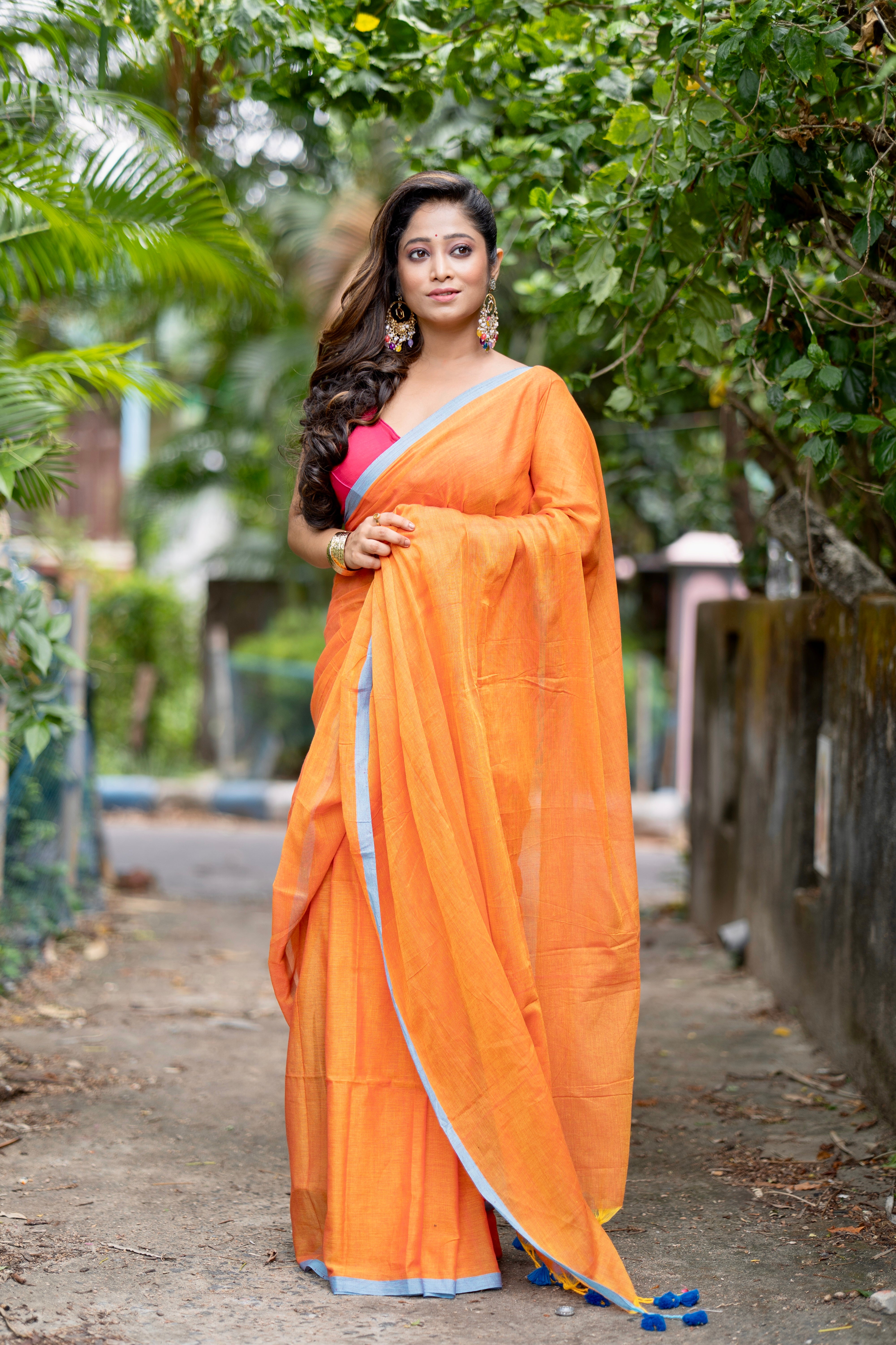 Orange Pure Mulmul Cotton Saree with blouse piece