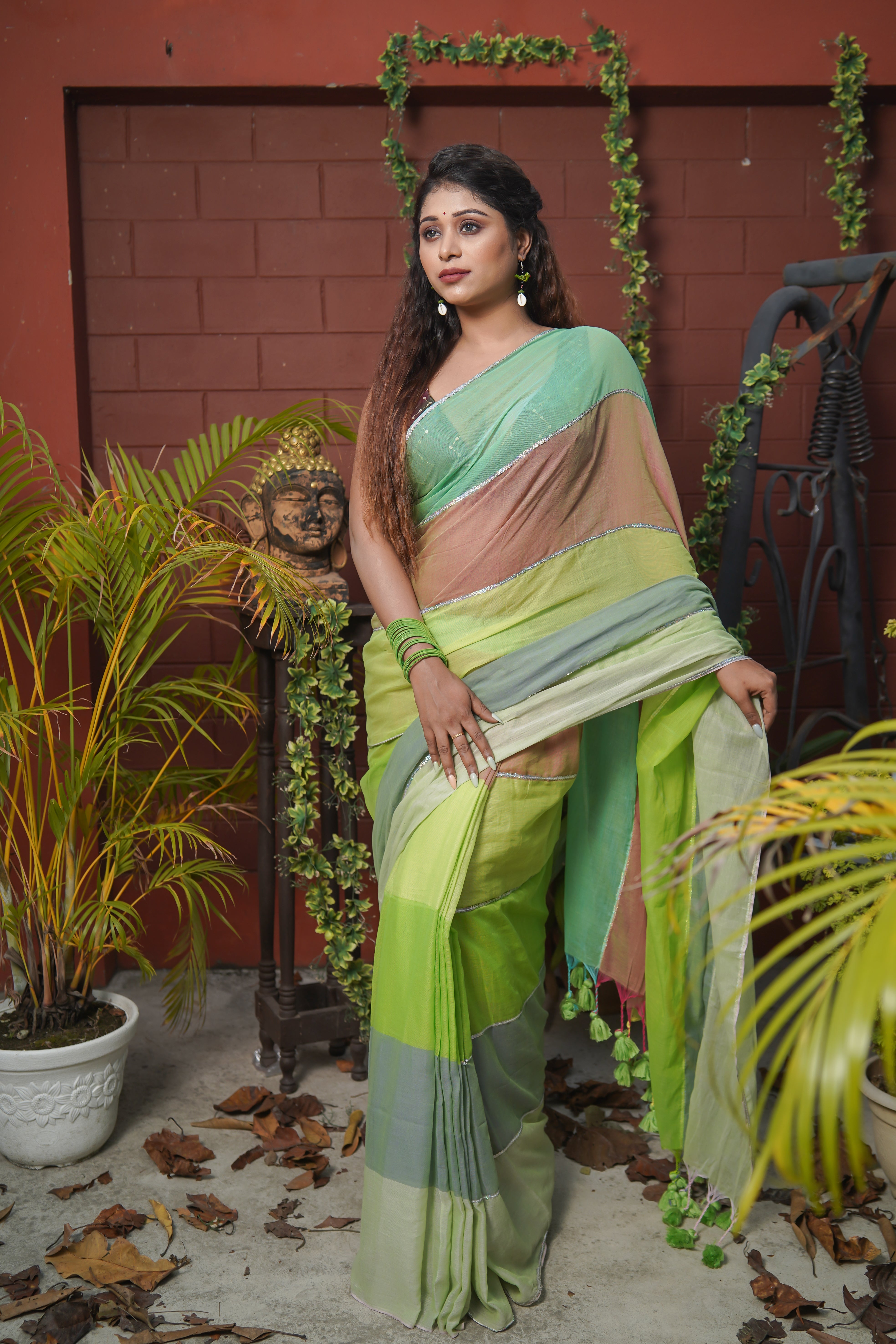 Parrot Green Mul Mul Cotton Saree with Multi Rainbow Sequence Work