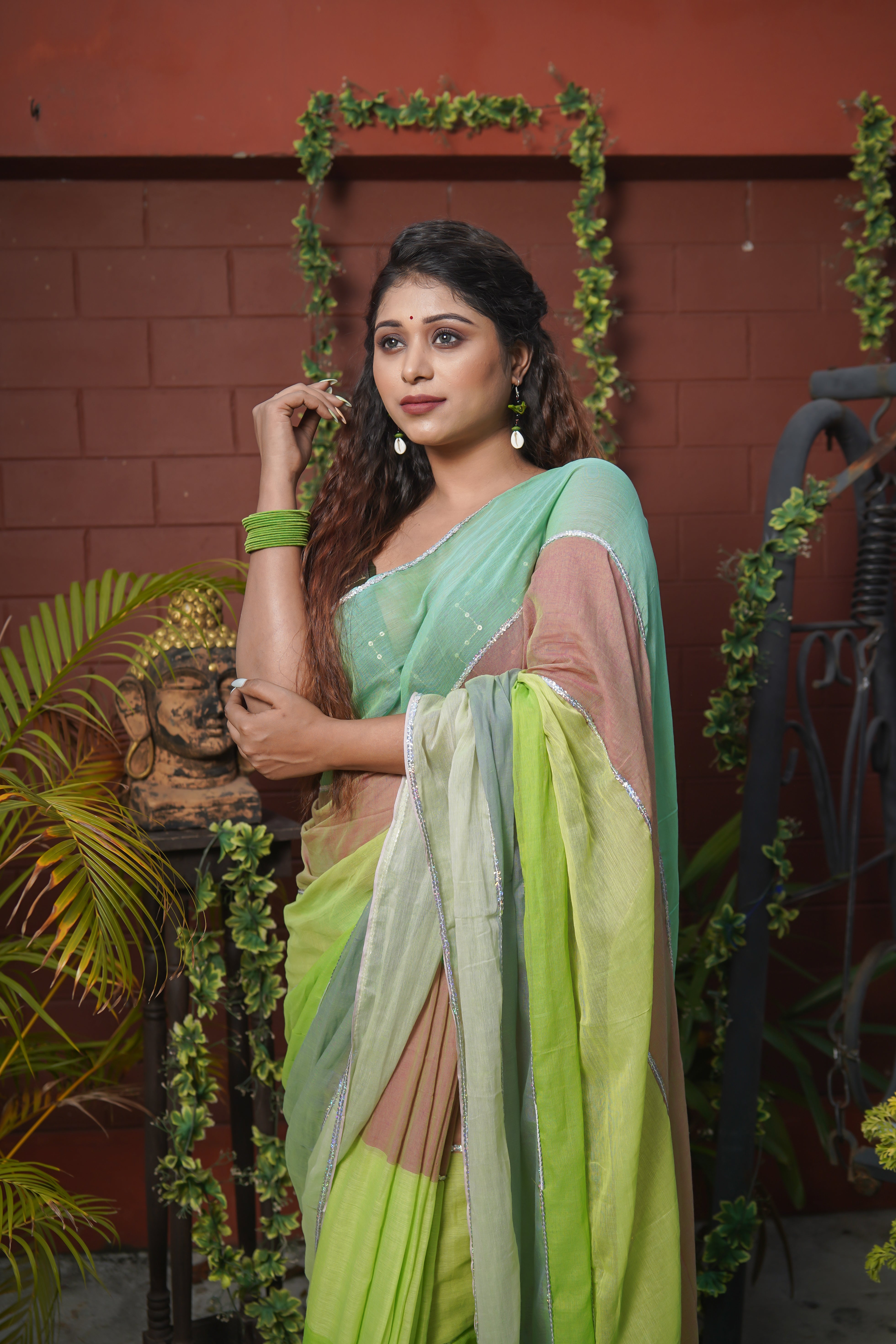 Parrot Green Mul Mul Cotton Saree with Multi Rainbow Sequence Work