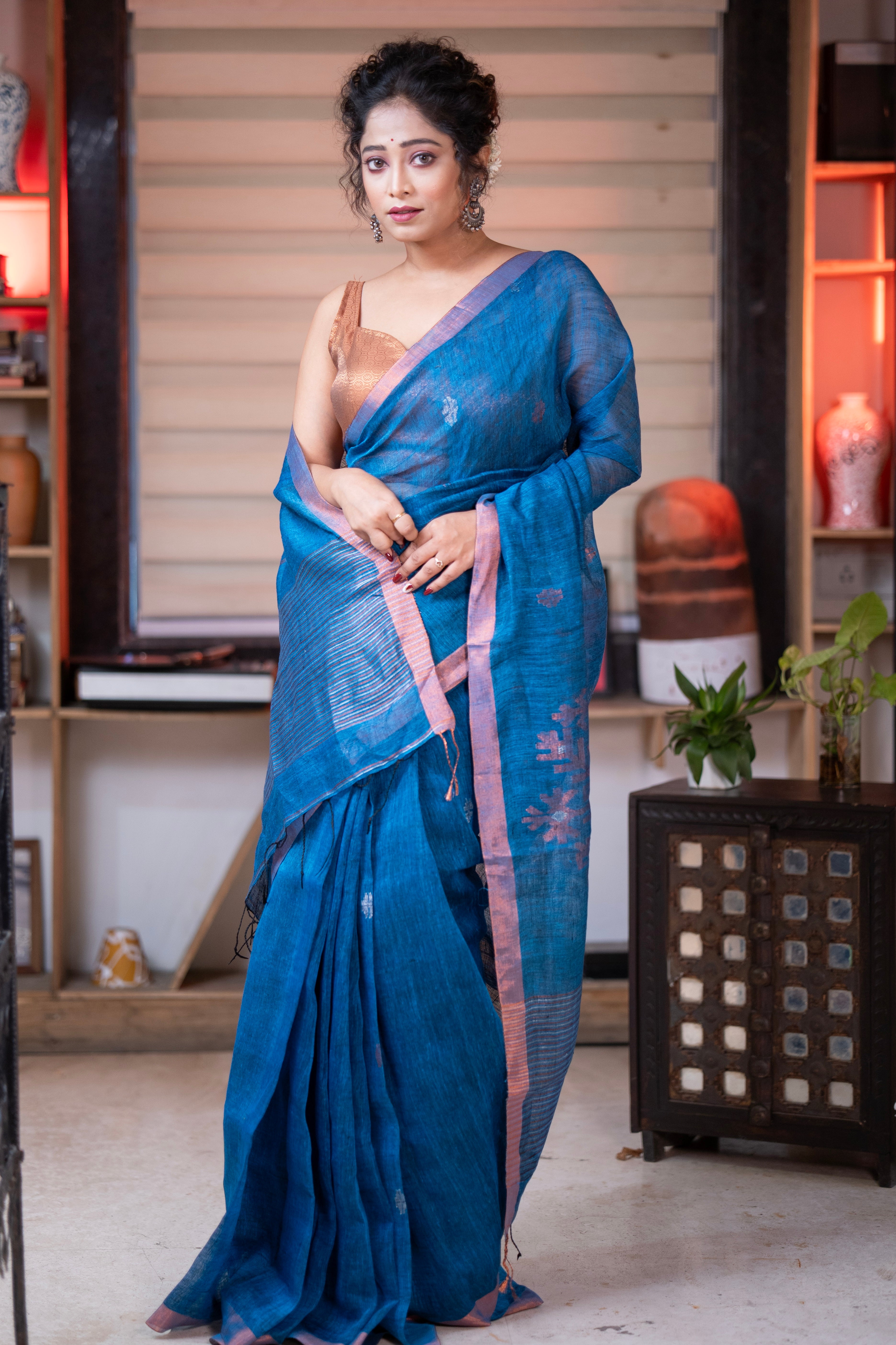 Royal Blue Sawstik Linen Hand Woven Jamdani Saree