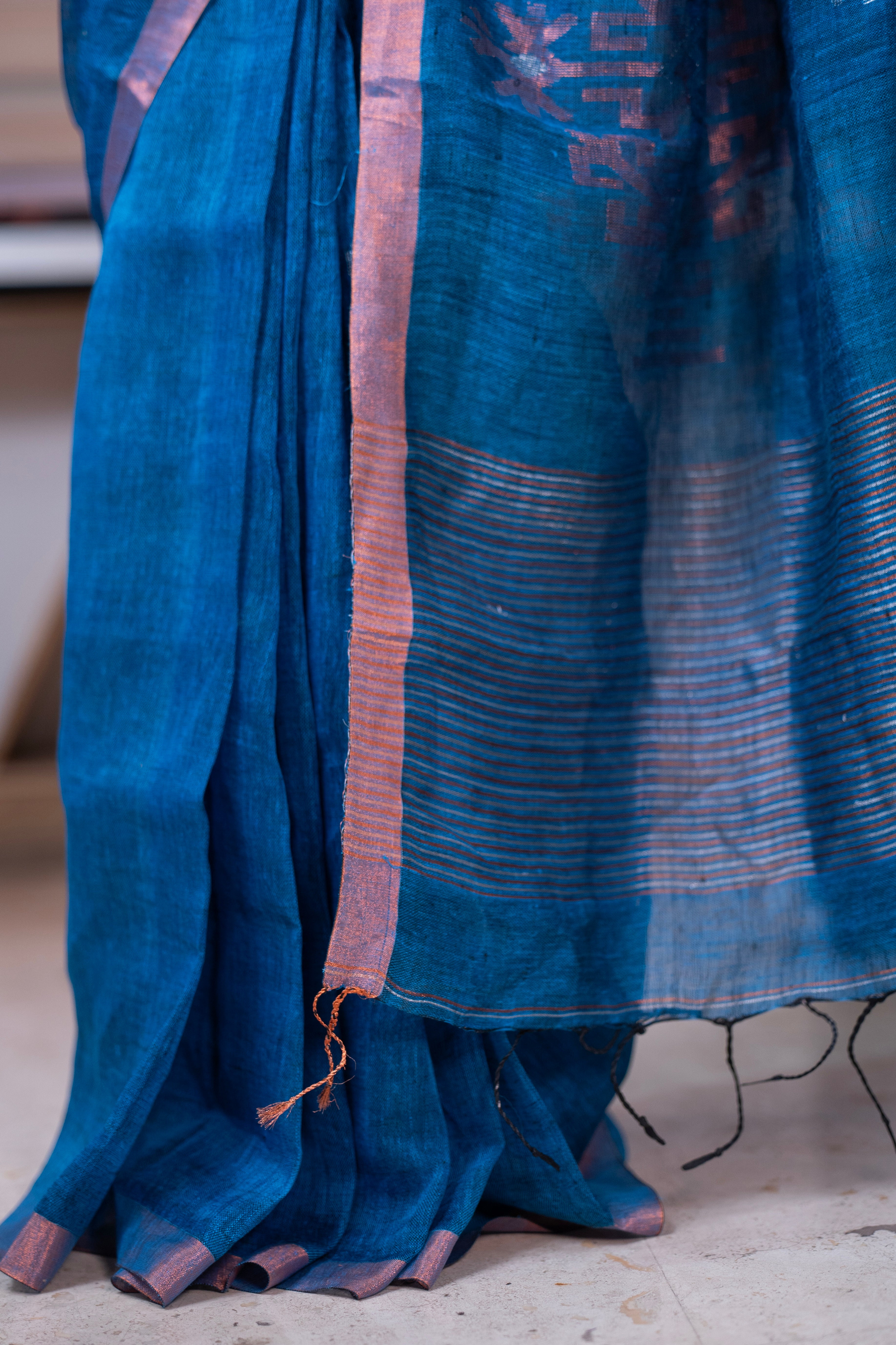 Royal Blue Sawstik Linen Hand Woven Jamdani Saree