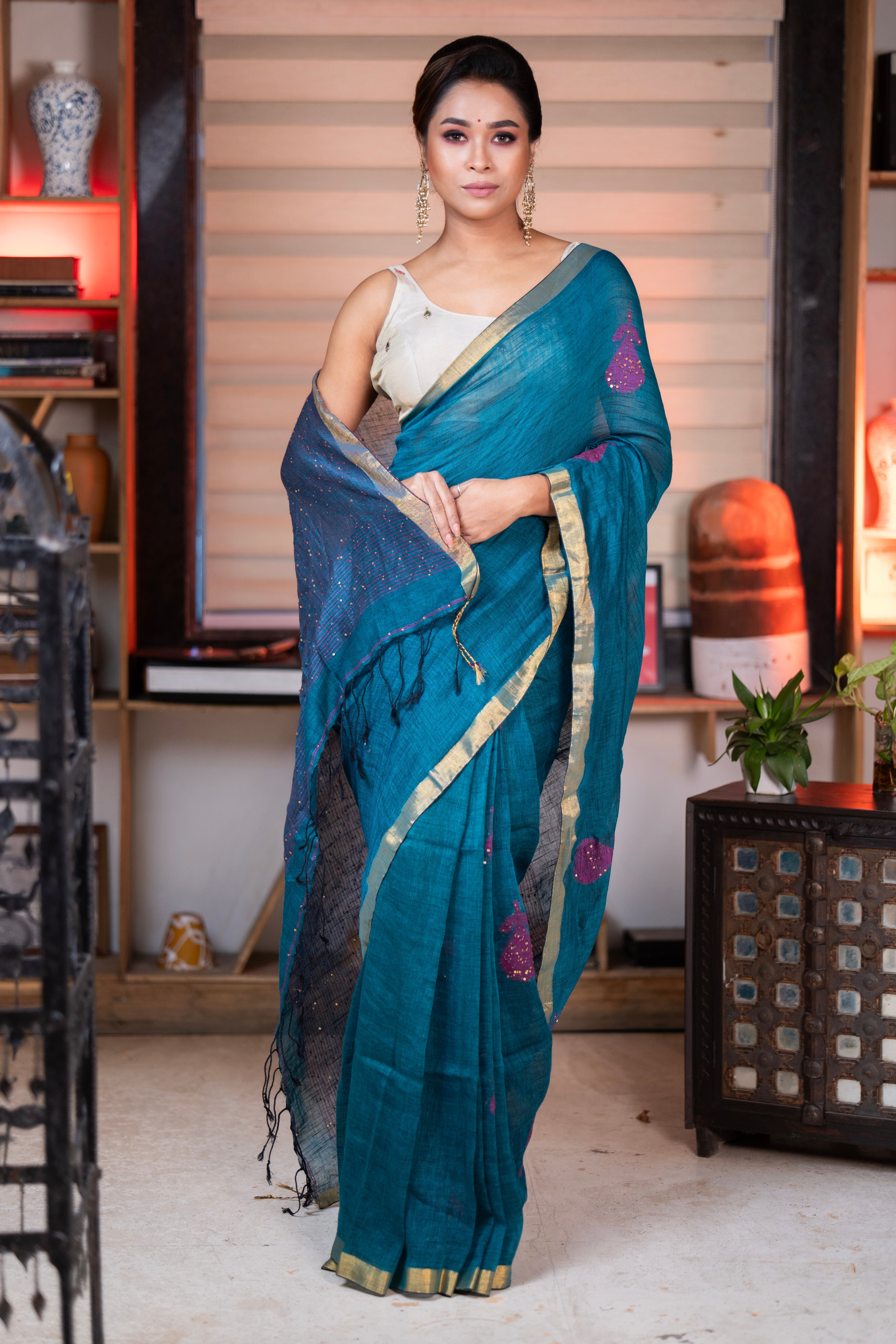 Teal Rose Handwoven Linen Saree with Sequence Work