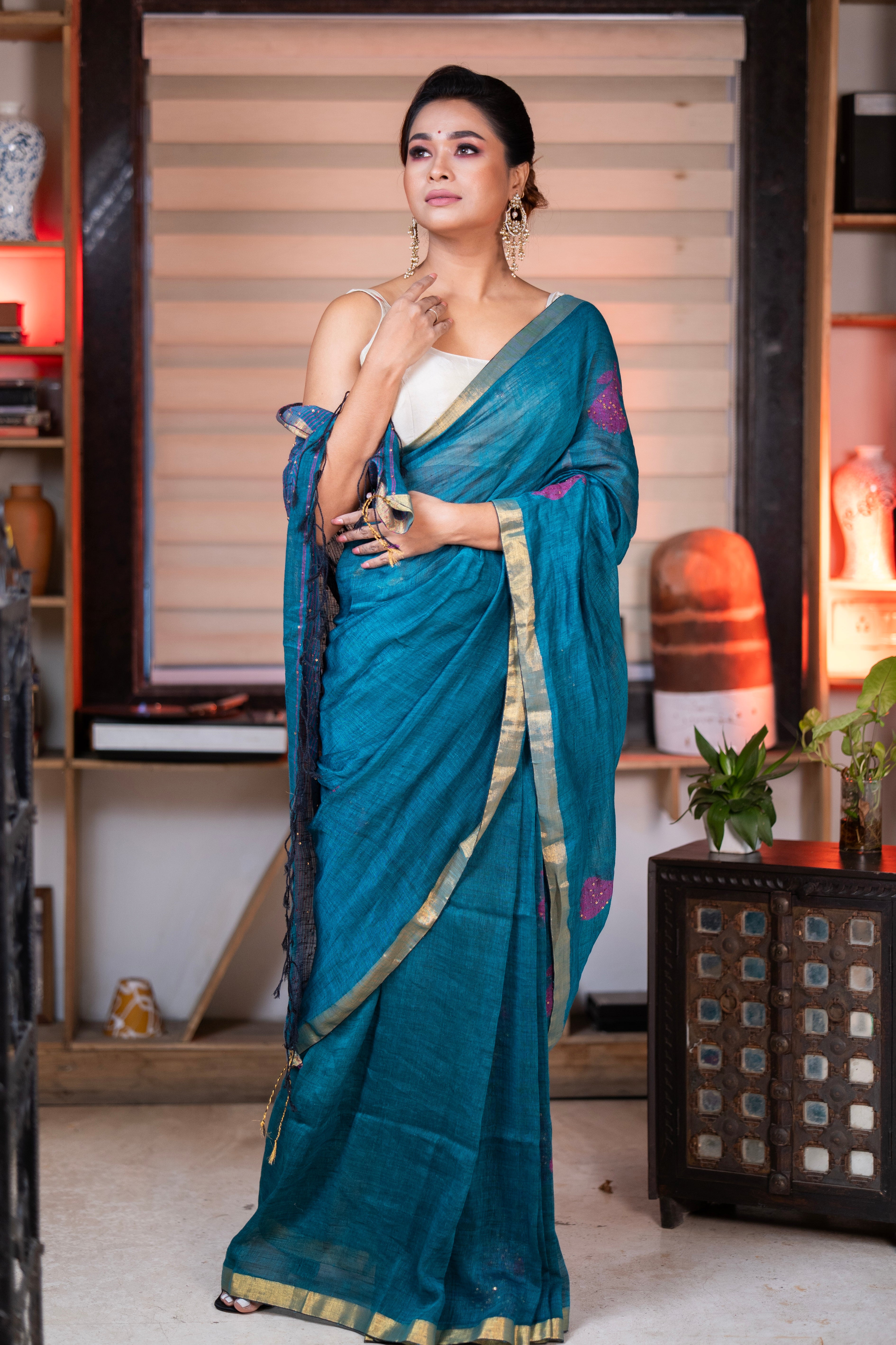 Teal Rose Handwoven Linen Saree with Sequence Work