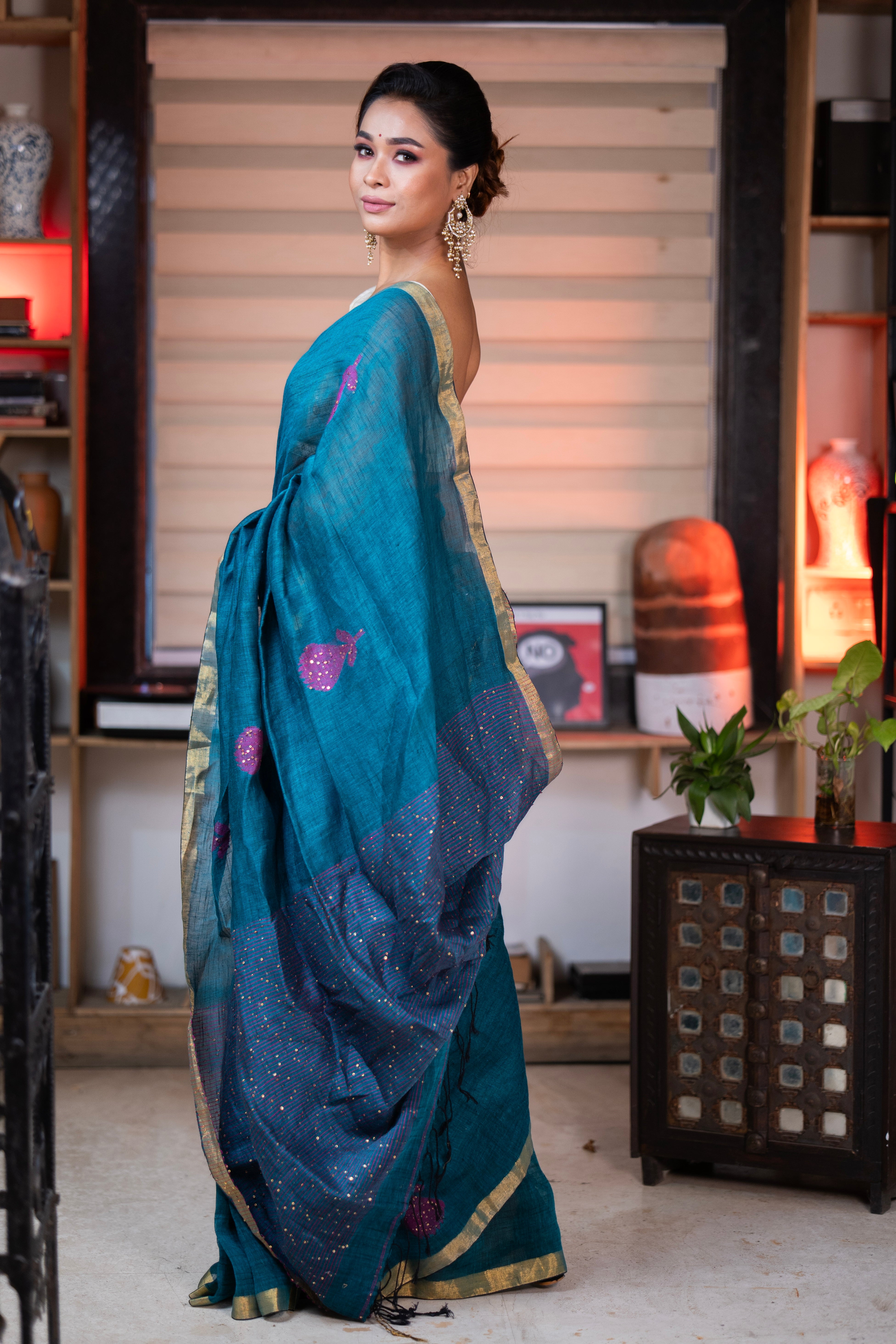 Teal Rose Handwoven Linen Saree with Sequence Work