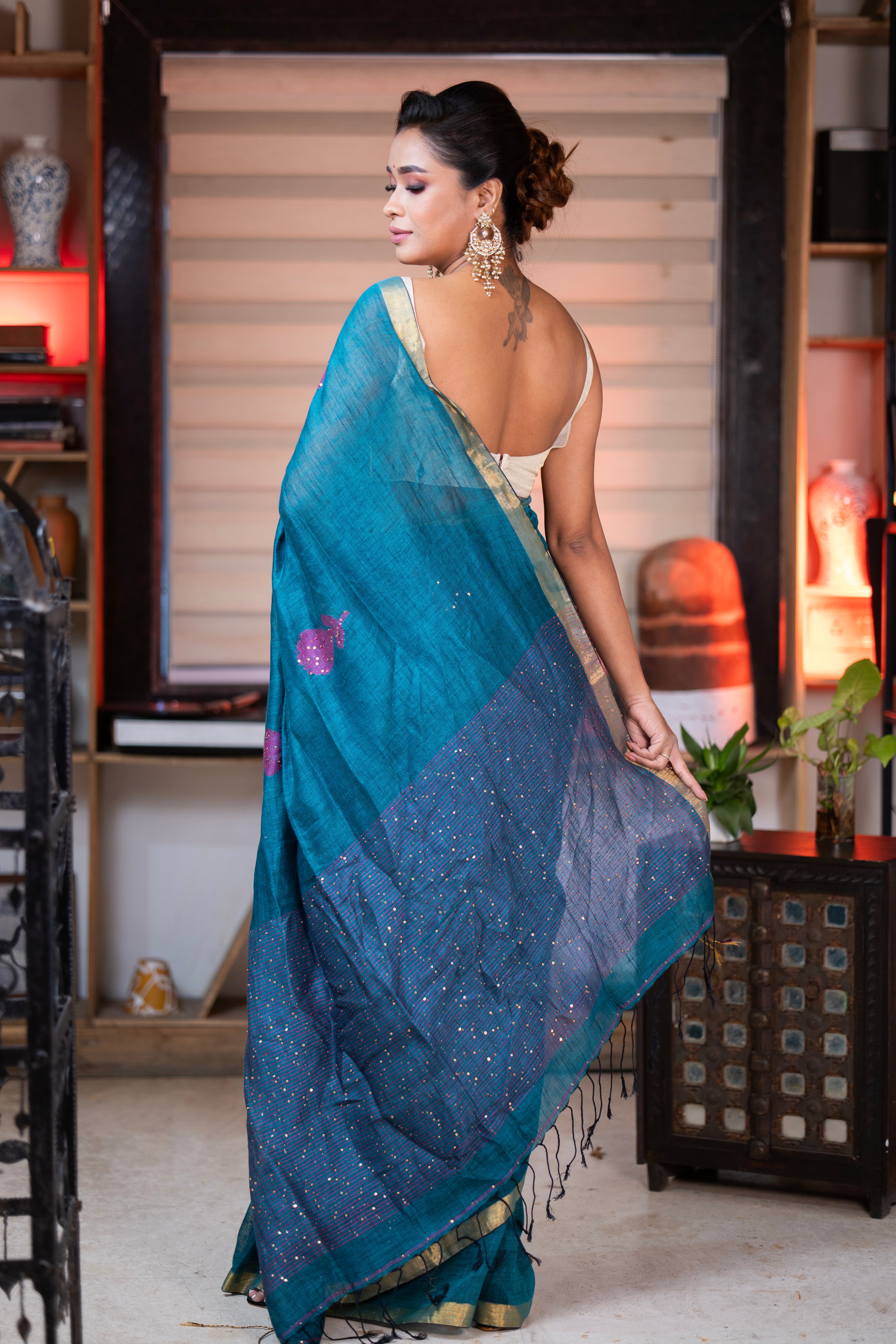 Teal Rose Handwoven Linen Saree with Sequence Work