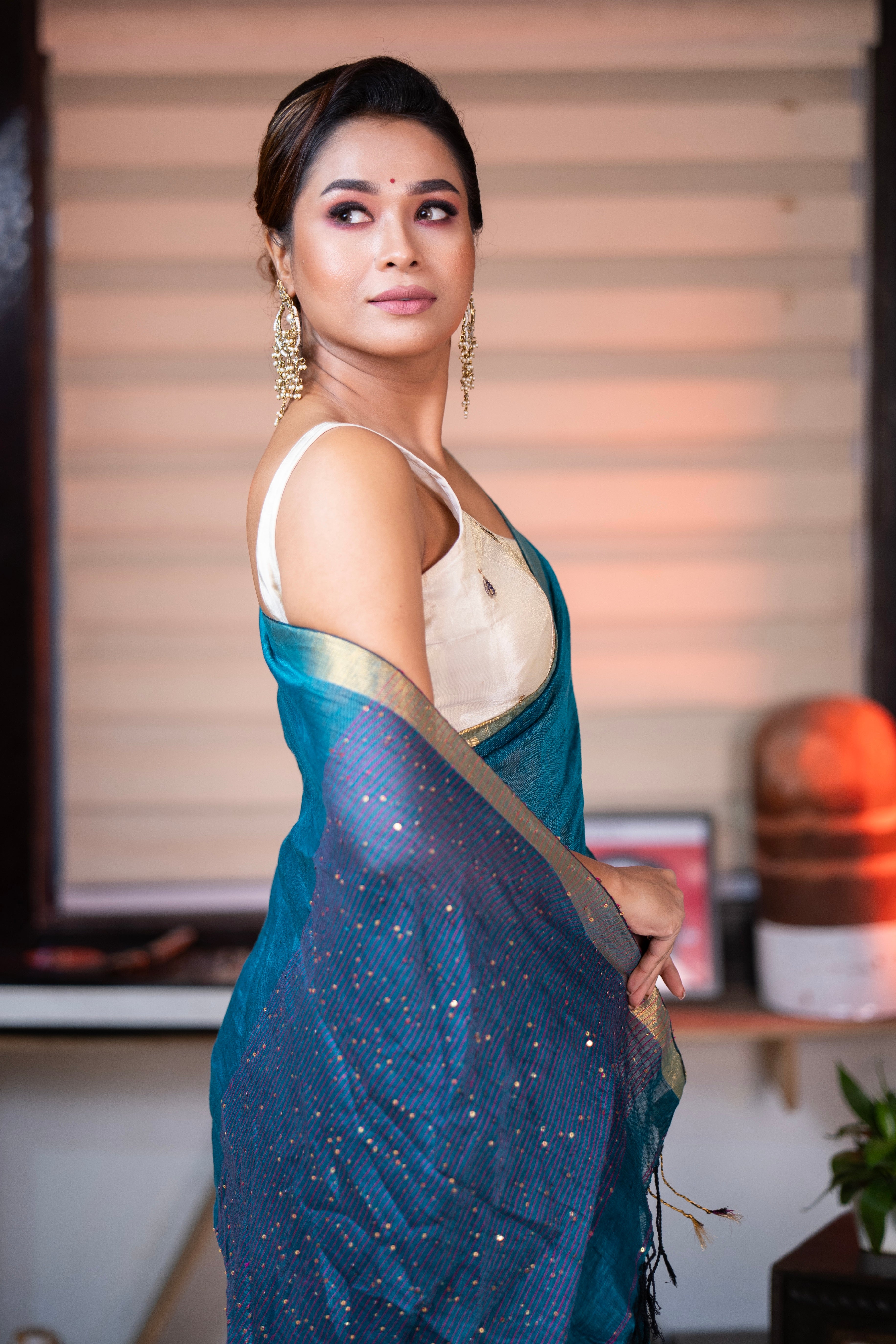 Teal Rose Handwoven Linen Saree with Sequence Work