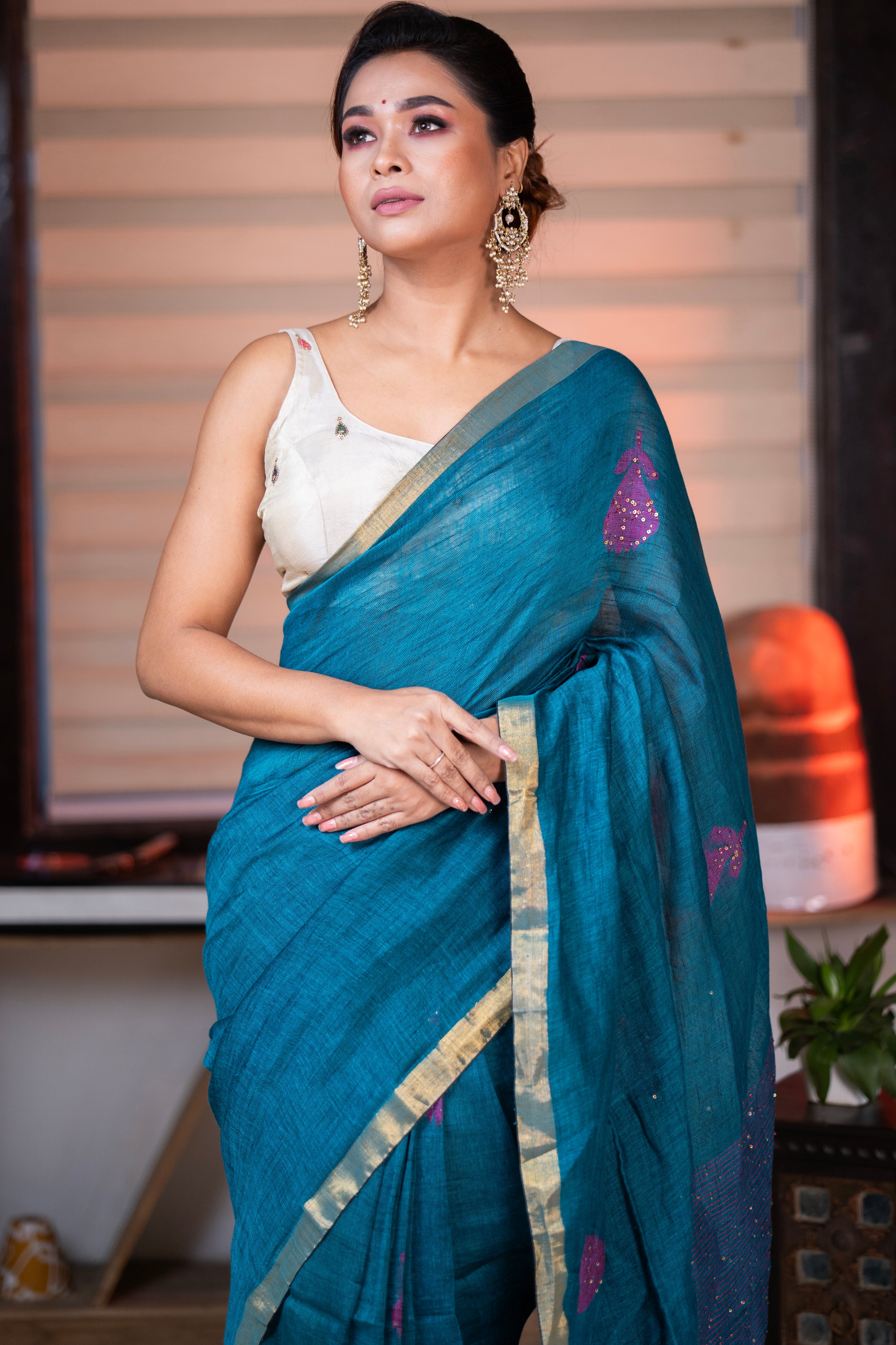 Teal Rose Handwoven Linen Saree with Sequence Work