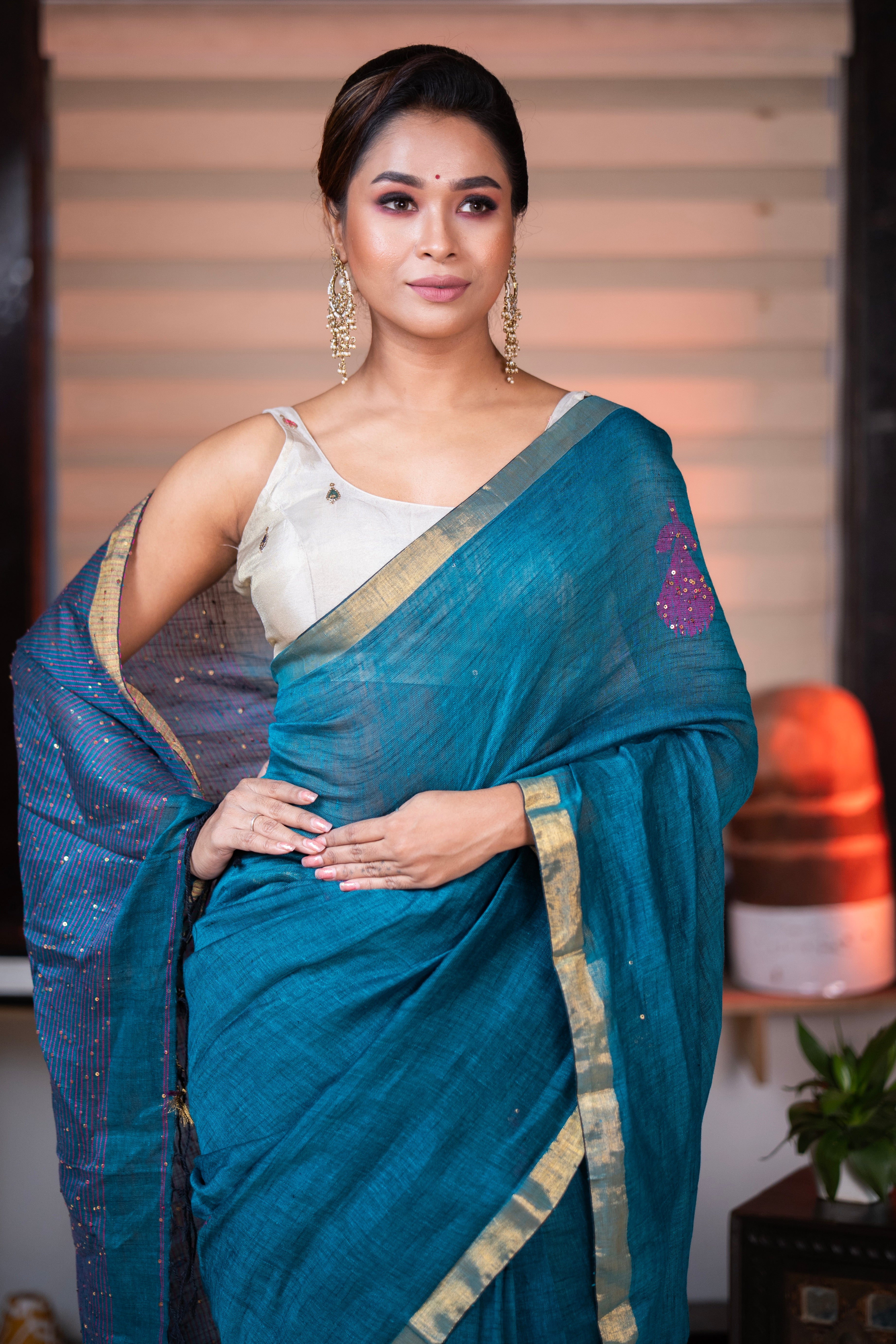 Teal Rose Handwoven Linen Saree with Sequence Work
