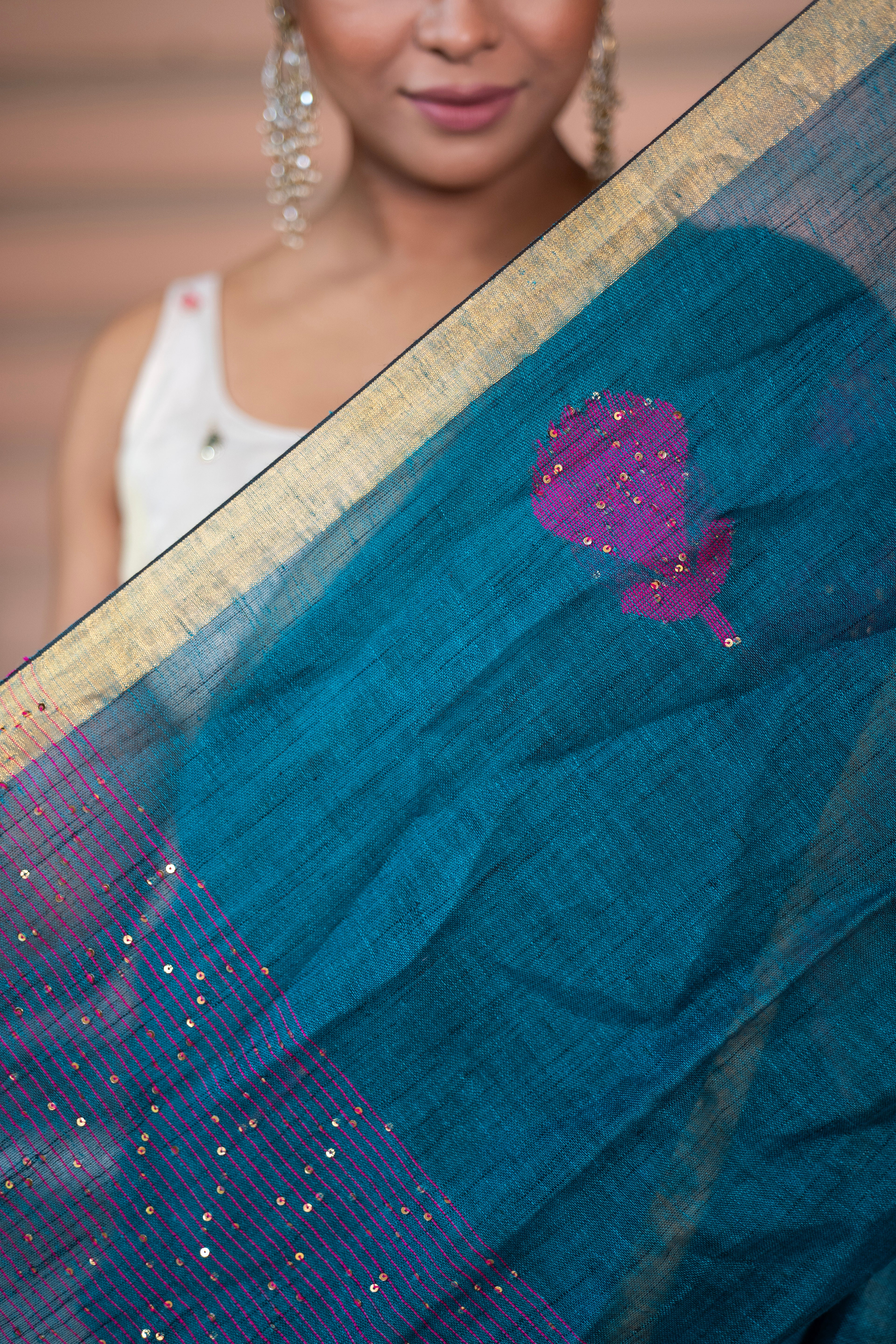 Teal Rose Handwoven Linen Saree with Sequence Work