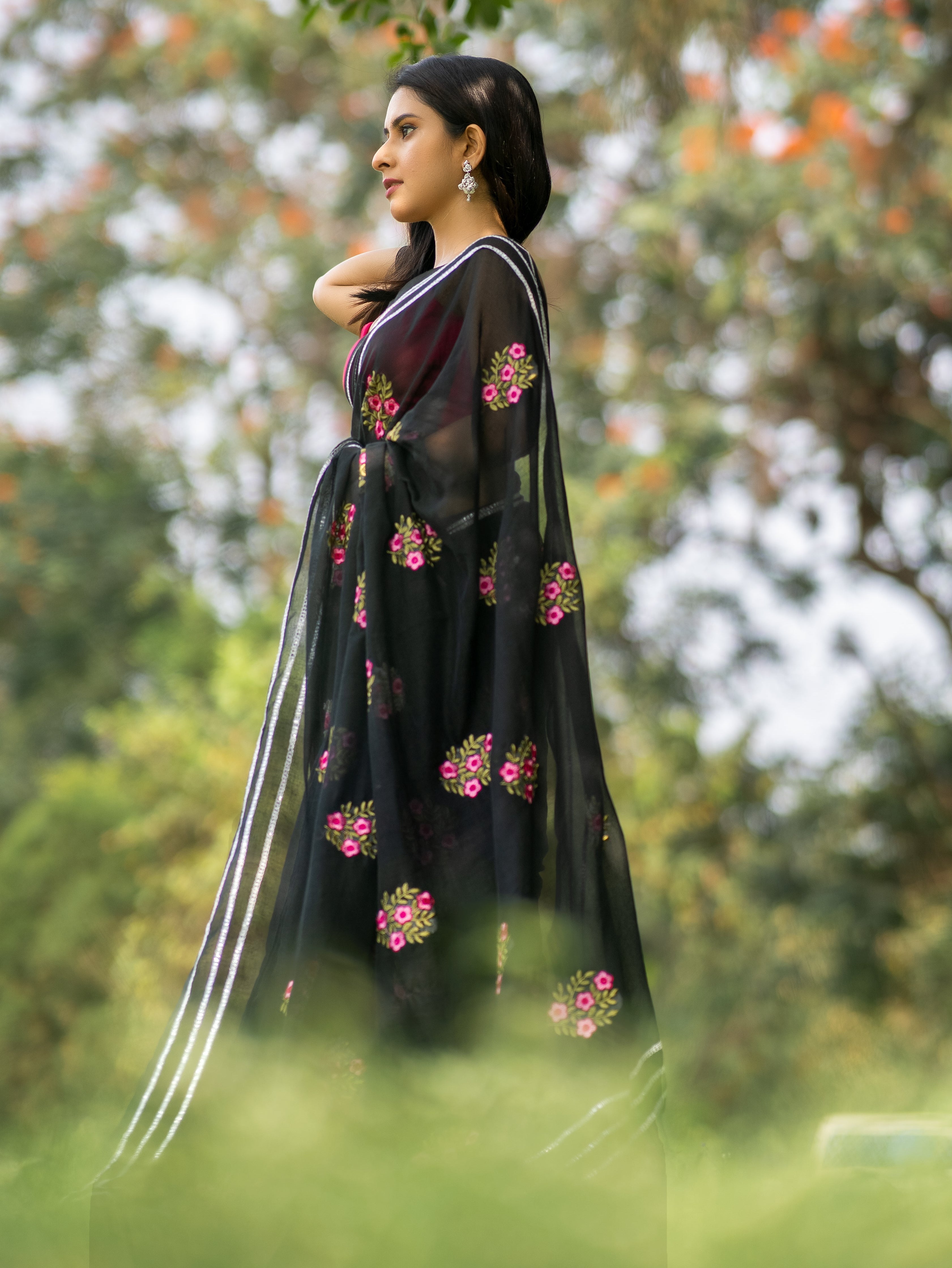 Lavanya Black Mul Mul Cotton Saree With Embroidery