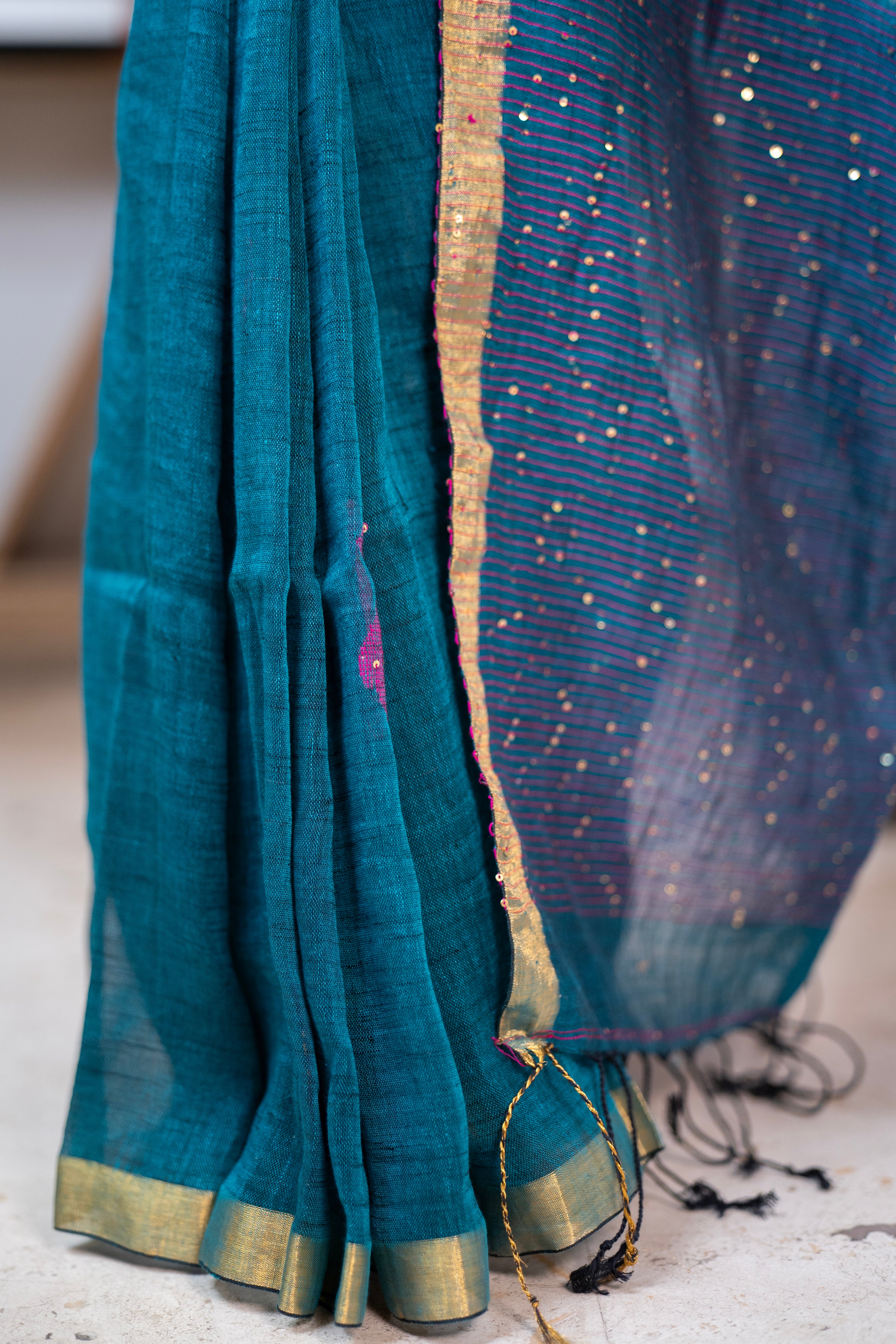 Teal Rose Handwoven Linen Saree with Sequence Work