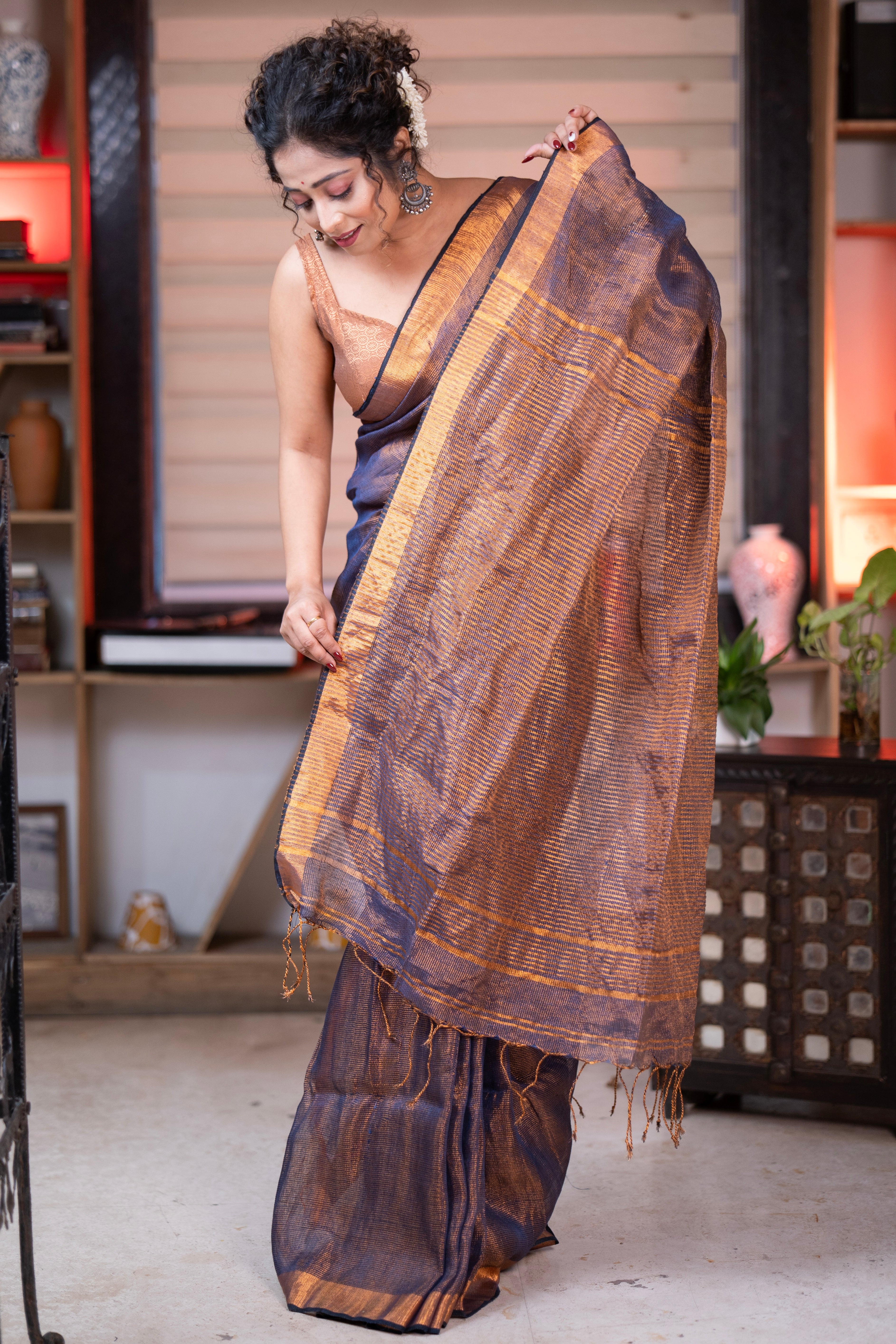 Stone blue Dual Tone Tissue Linen Saree