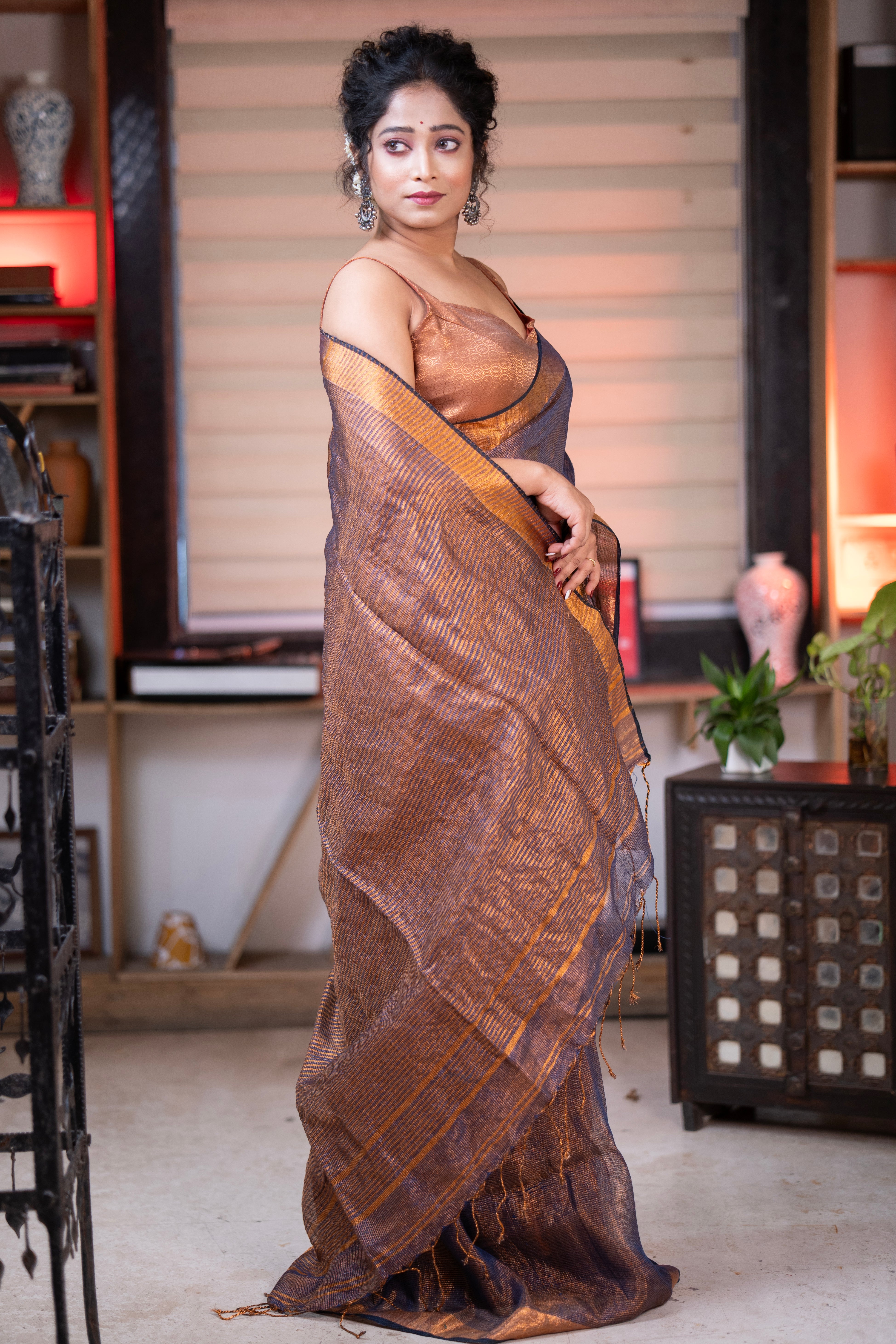 Stone blue Dual Tone Tissue Linen Saree