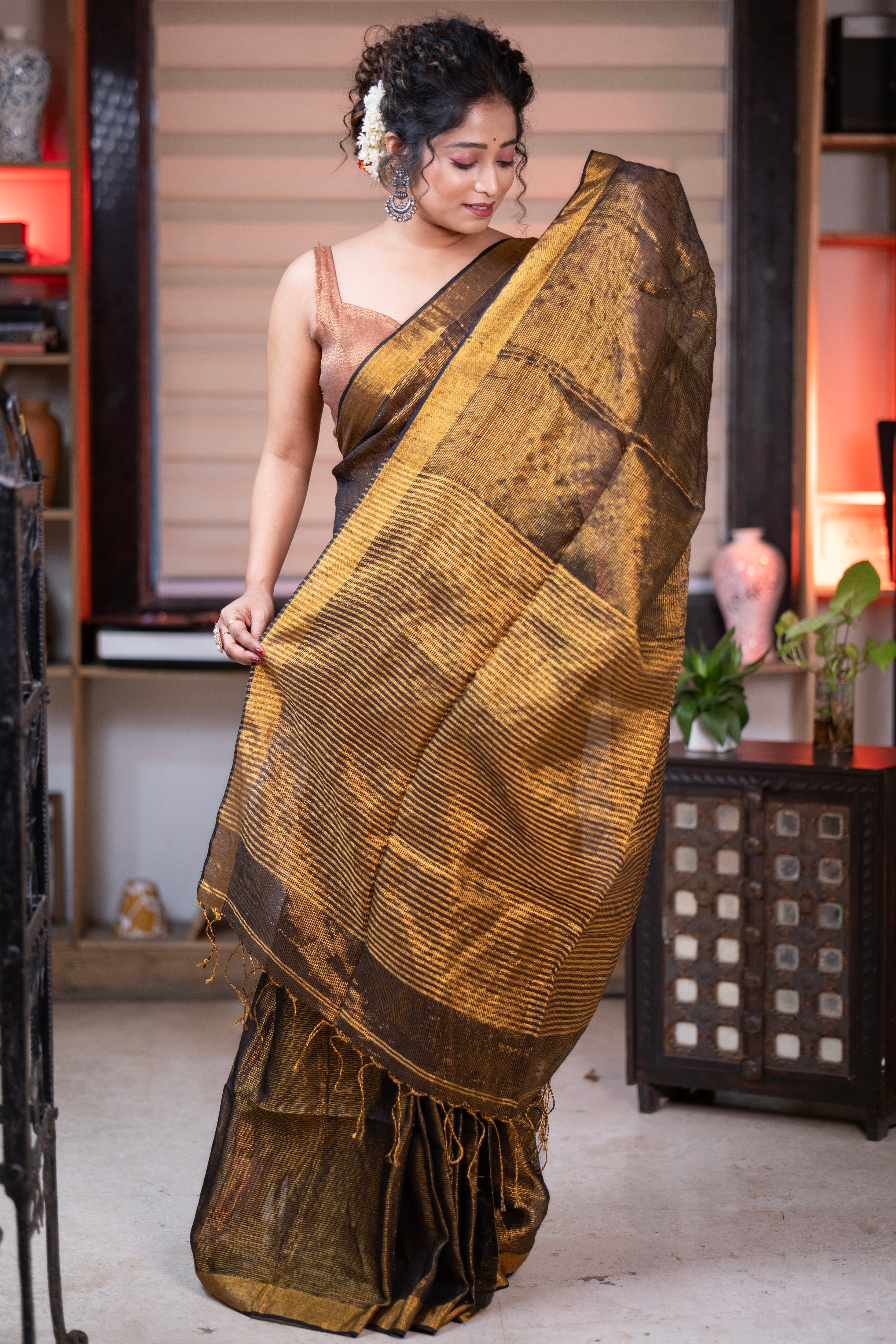 Coffe Dual Tone Tissue Linen Saree with blouse piece