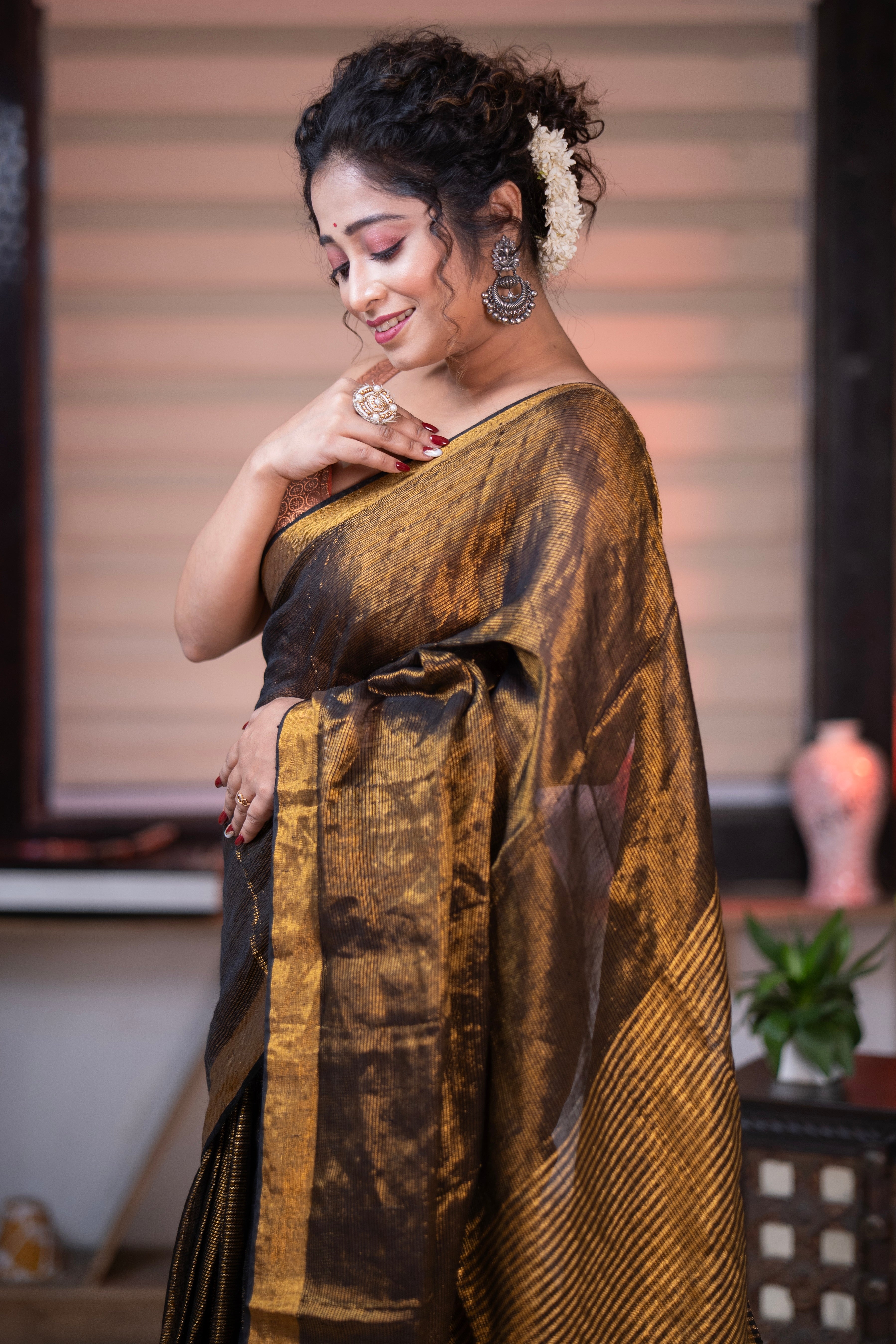 Coffe Dual Tone Tissue Linen Saree with blouse piece