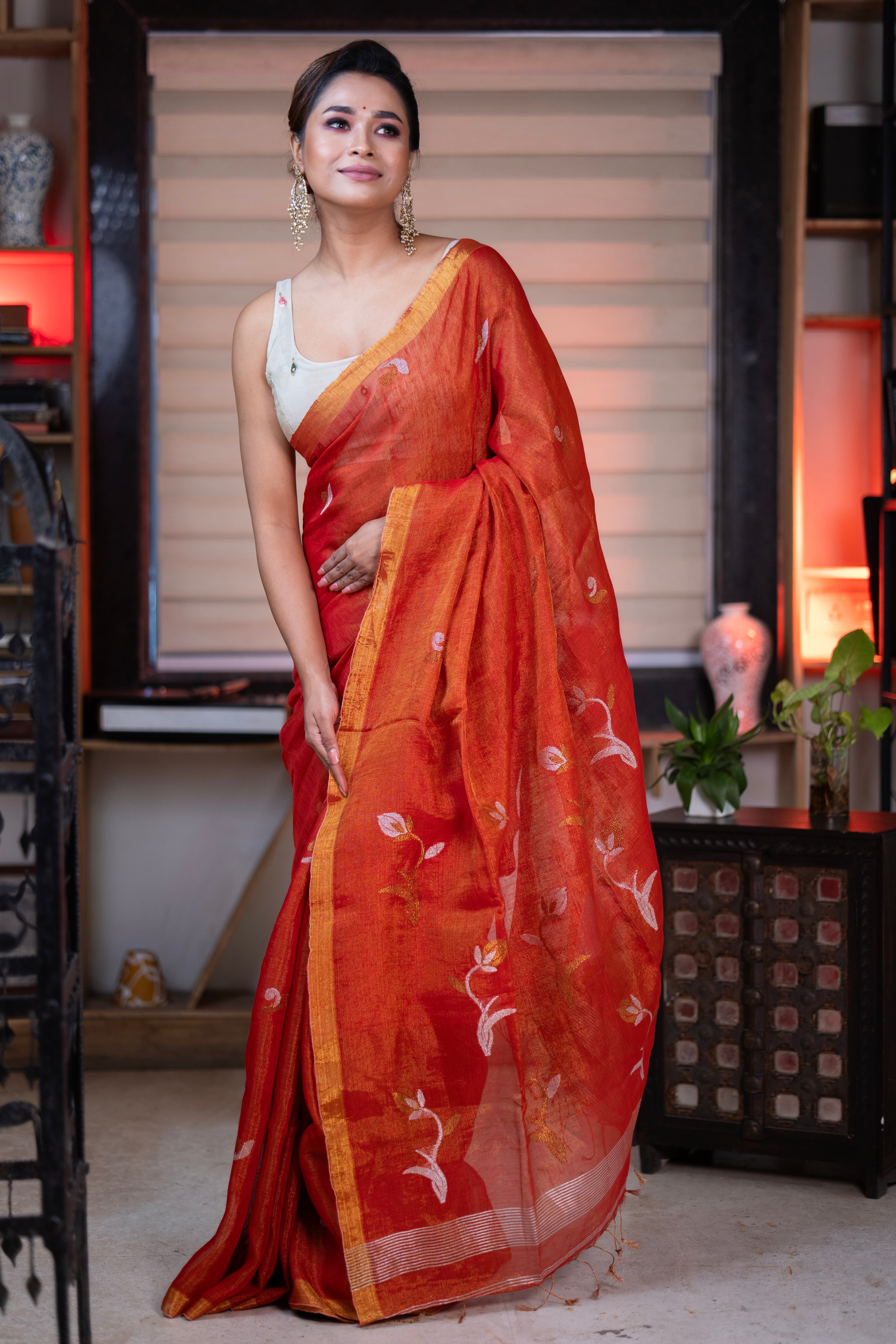 Orange Pure tissue Linen Handwoven Tulip Saree