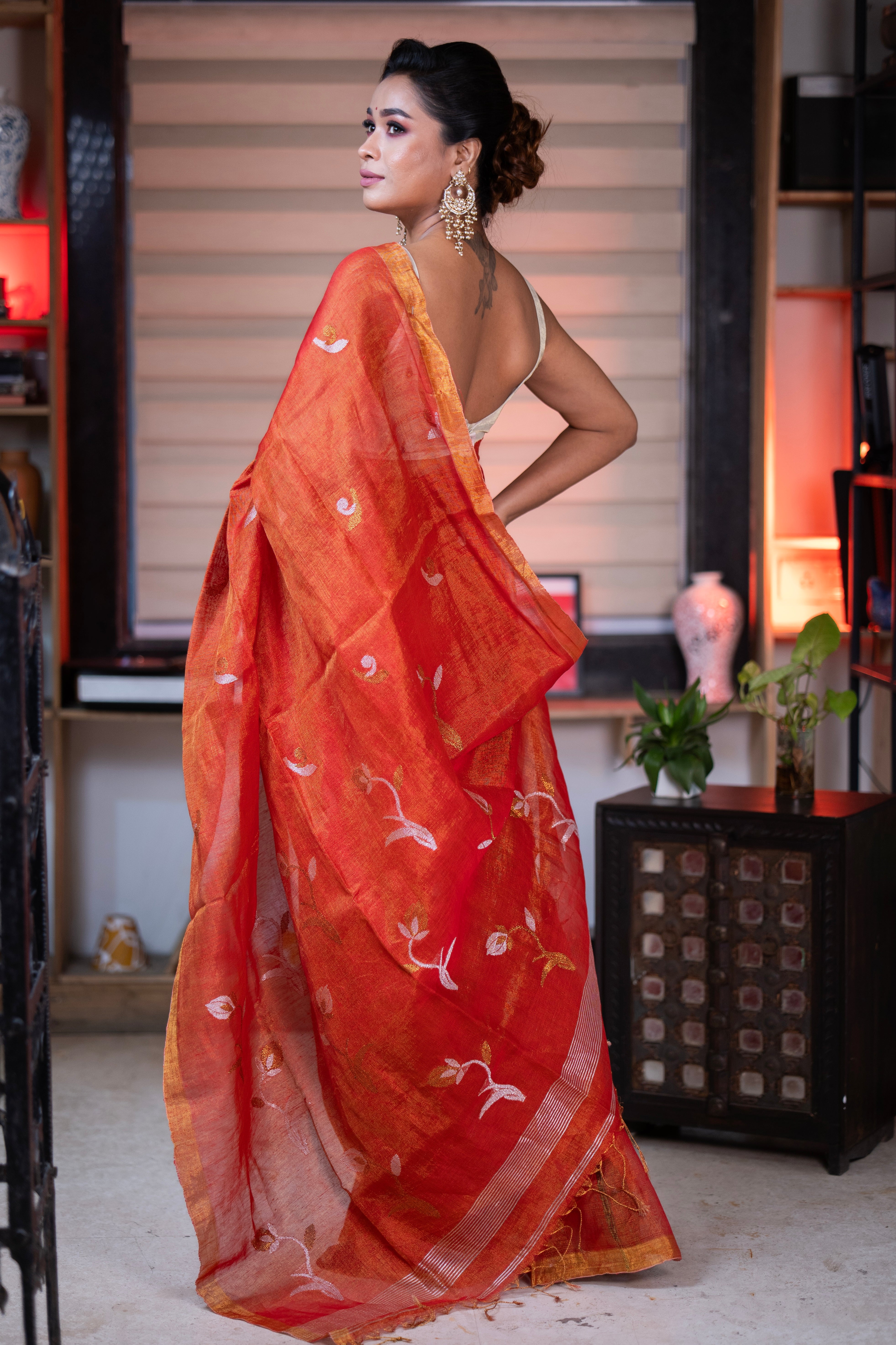 Orange Pure tissue Linen Handwoven Tulip Saree
