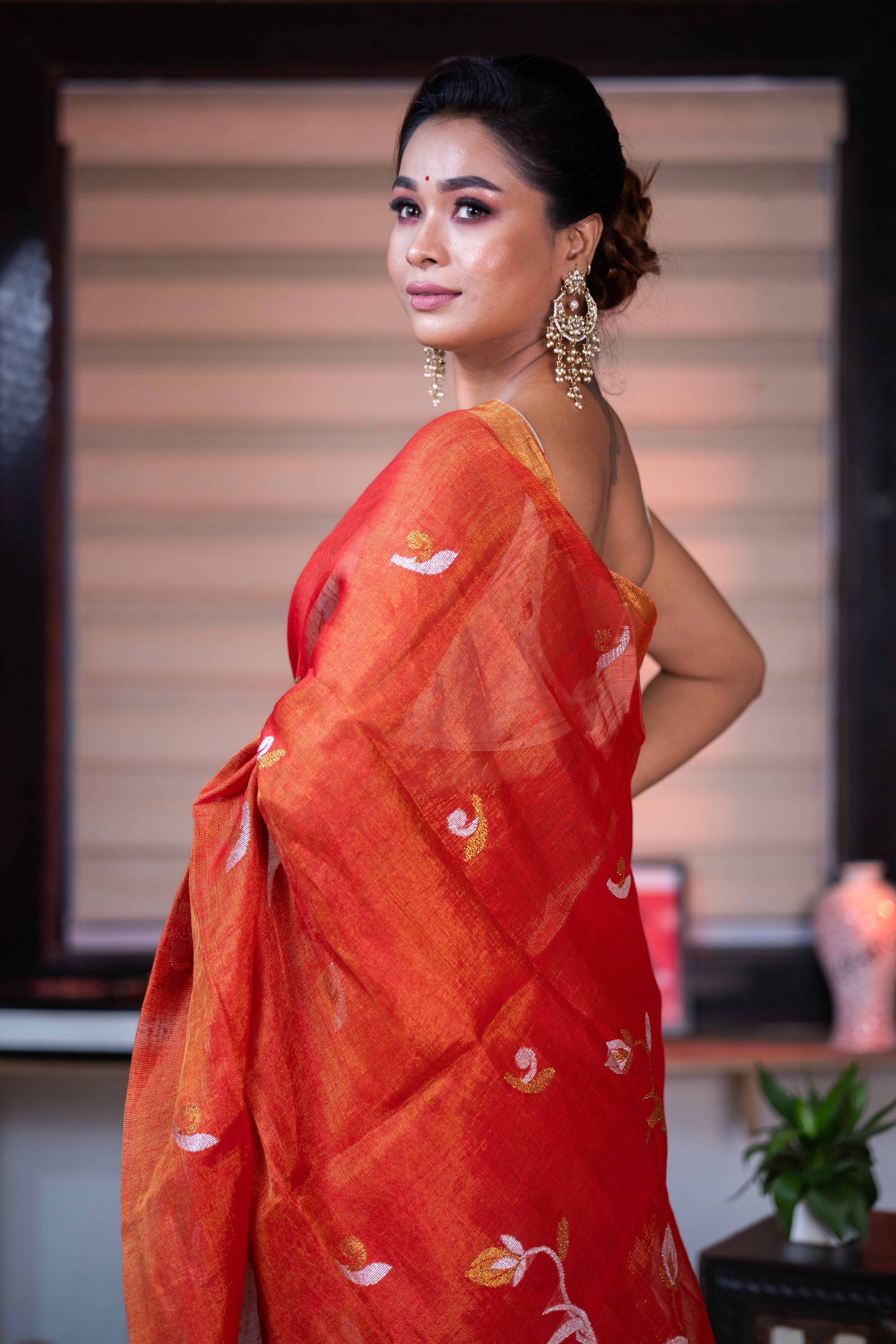 Orange Pure tissue Linen Handwoven Tulip Saree