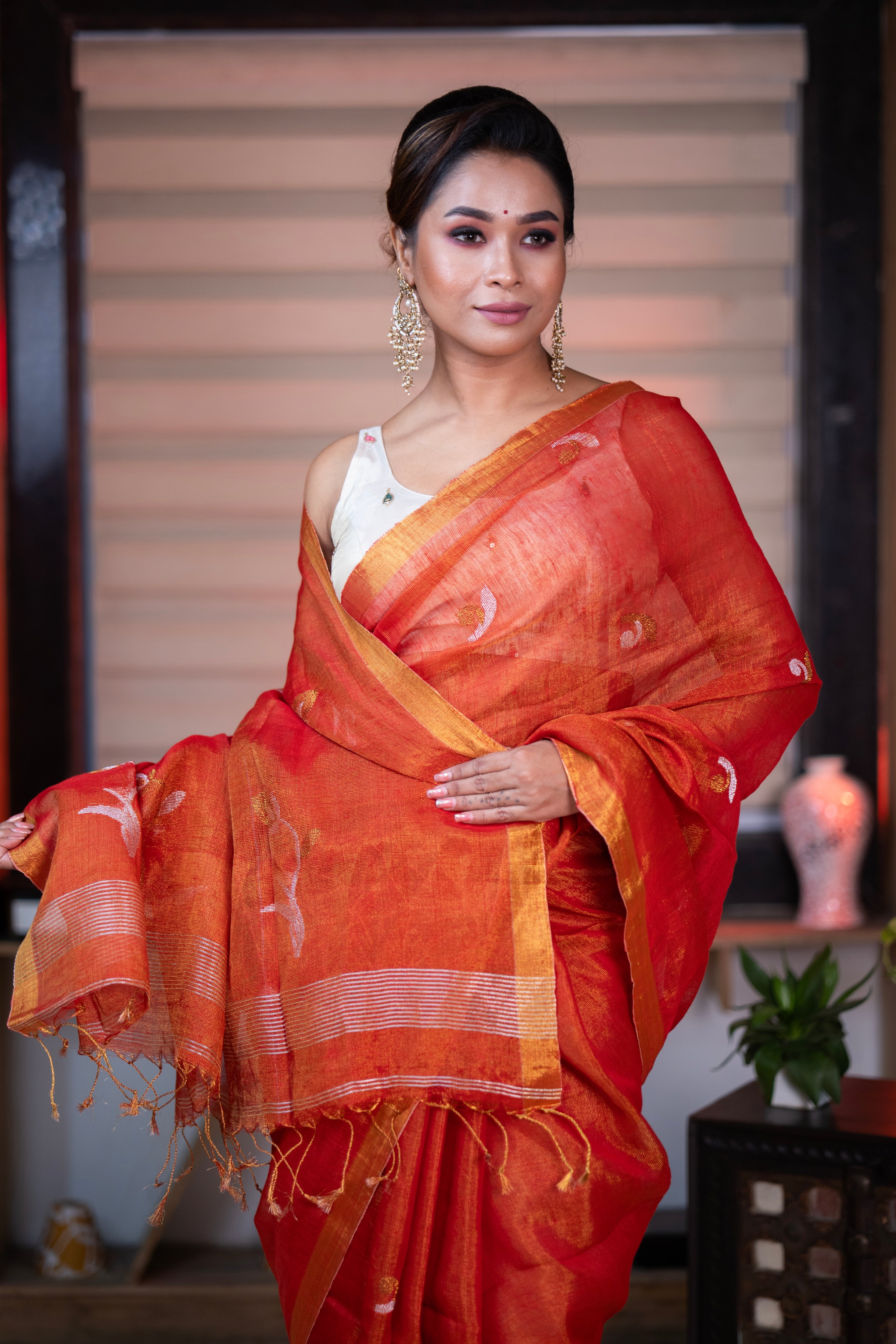 Orange Pure tissue Linen Handwoven Tulip Saree